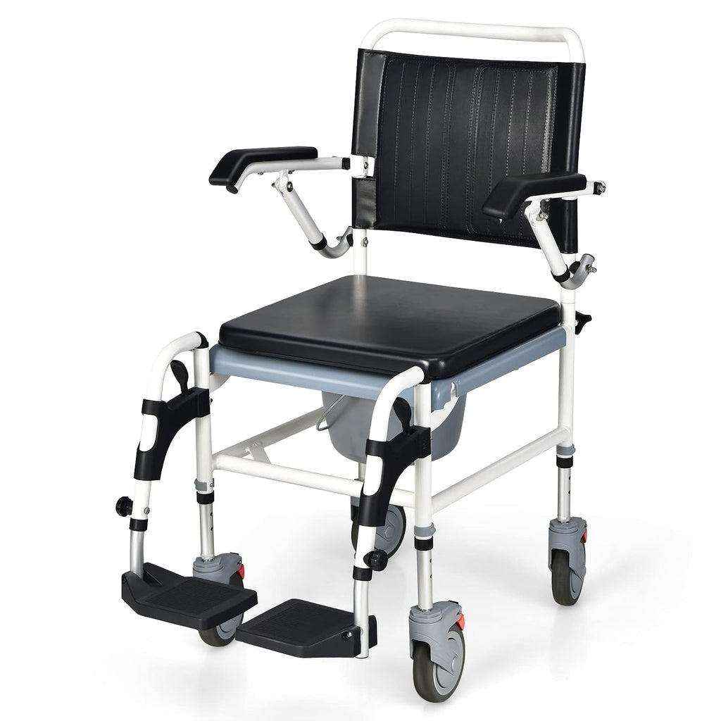 GYMAX 4-in-1 Bedside Commode, Shower Chair with Lockable Wheels, Height Adjustable Rolling Toilet Chair with Detachable Bucket, Portable Handicap Transport Wheelchair for Adult, Disabled, Elderly