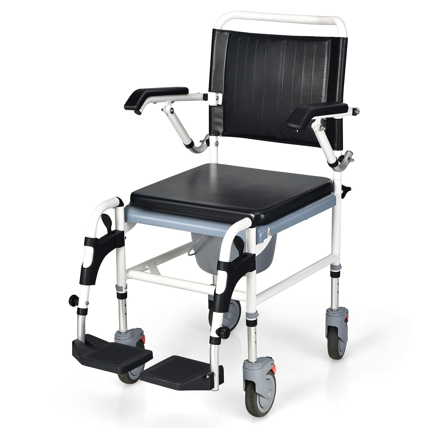 GYMAX 4-in-1 Bedside Commode, Shower Chair with Lockable Wheels, Height Adjustable Rolling Toilet Chair with Detachable Bucket, Portable Handicap Transport Wheelchair for Adult, Disabled, Elderly