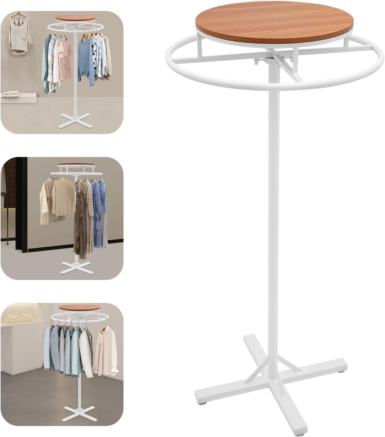 Round Garment Racks for Hanging Clothes 360° Rotary Clothes Display Rack 27.56' Diameter Freestanding Retail Display Stand Commercial Clothing Organizer Clothes Shelf for Retail Boutiques (White)