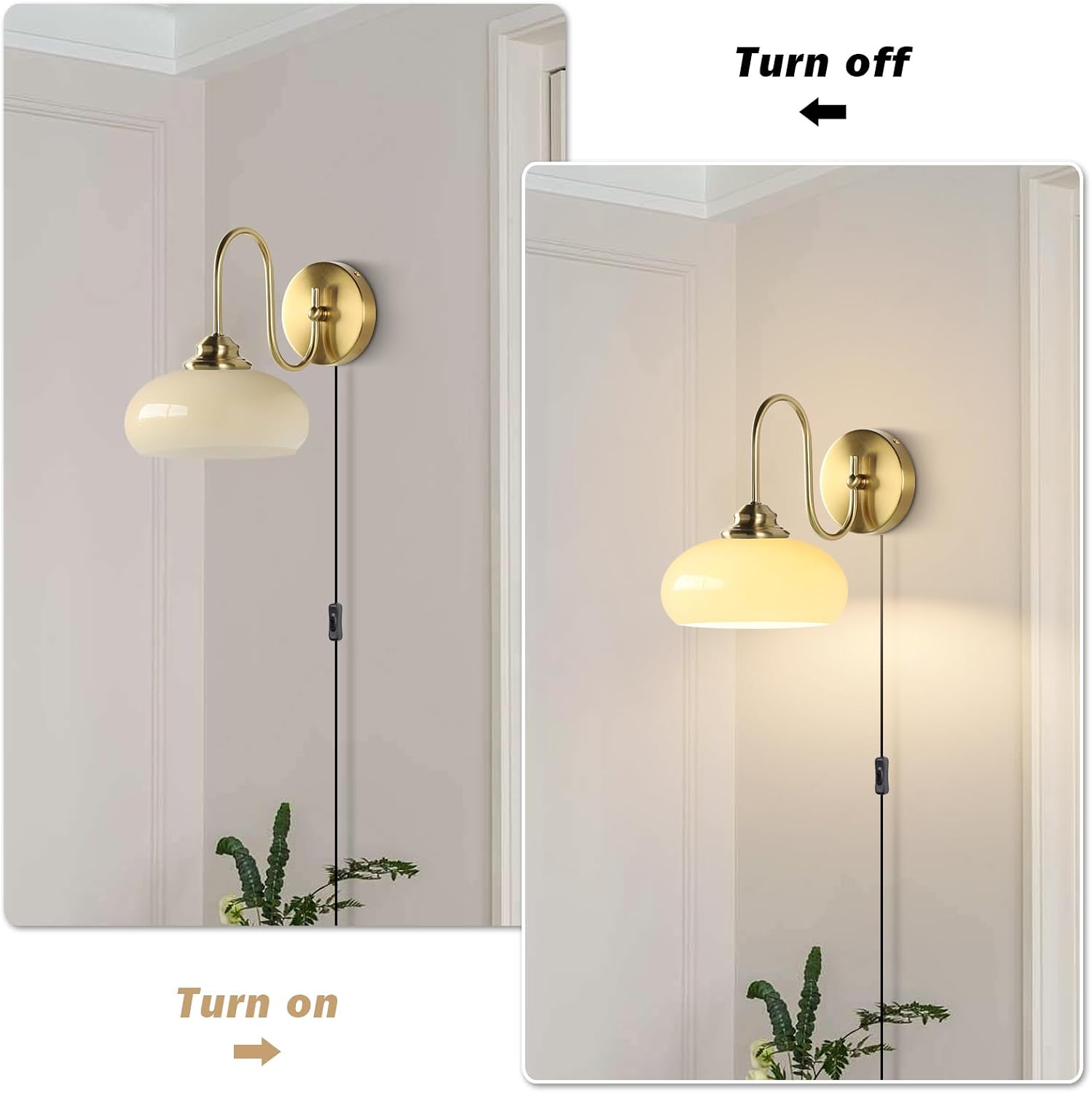 KCO Lighting Small Yellow Glass Wall Sconces Plug in Goose Neck Wall Light Vintage Brass Gold Wall Sconces Set of Two Mid Century Wall Lighting for Bathroom Stairway
