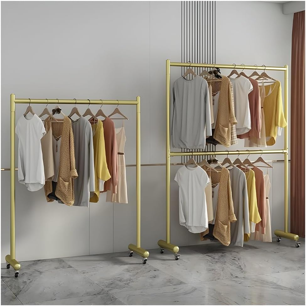 Zfmnoyev Double Rod Heavy Duty Garment Rack, Metal Rolling Garment Rack with Wheels, Large Capacity Height Adjustable Clothes Hanger Rack, for Bedroom, Living Room, Clothing Store(Gold,60x40x167 cm)