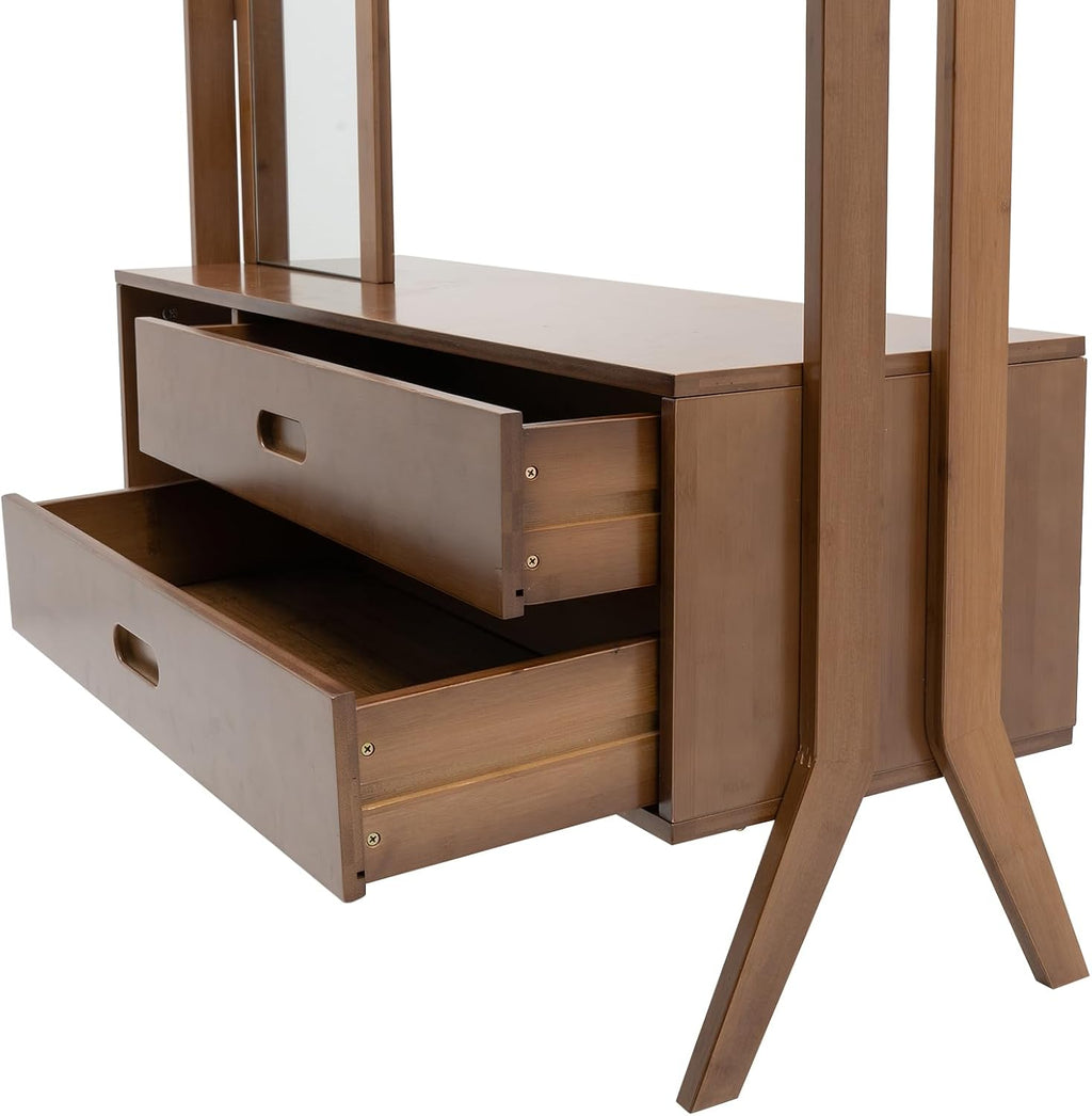 Bamboo Garment Rack with Mirror&Drawers, Freestanding Wooden Clothes Hanger with Hooks, Heavy Duty Coat Rack with Shelves, Multifunctional Open Wardrobe Closet Organizer for Entryway Bedroom (B)