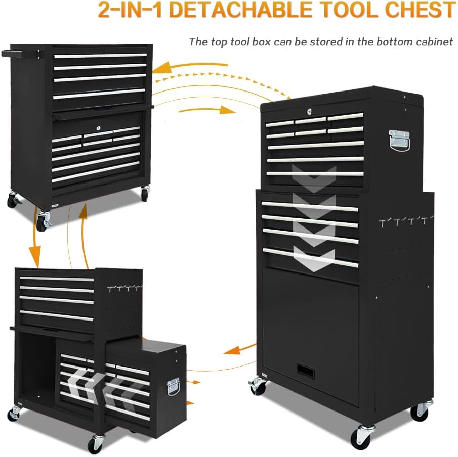 13-Drawer Tool Chest with Toolbox and wheels, Large Detachable Tool box with Sliding Drawers, Mechanic Storage Cabinets, Metal Tool Cart for Garage Workshop (BLACK)
