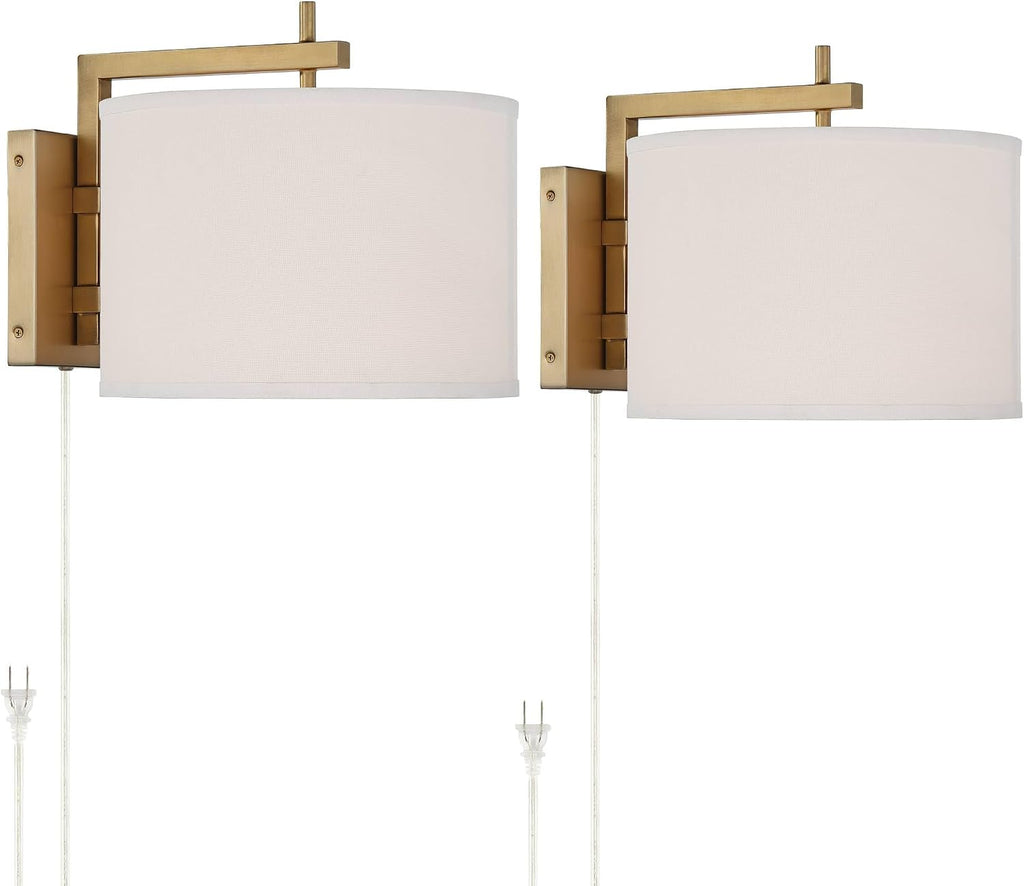 360 Lighting Adair Mid Century Modern Wall Lamps Set of 2 with Smart Sockets Warm Brass Metal Plug-in 12' Fixture Linen Drum Shades for Bedroom Bedside Reading Living Room Hallway House