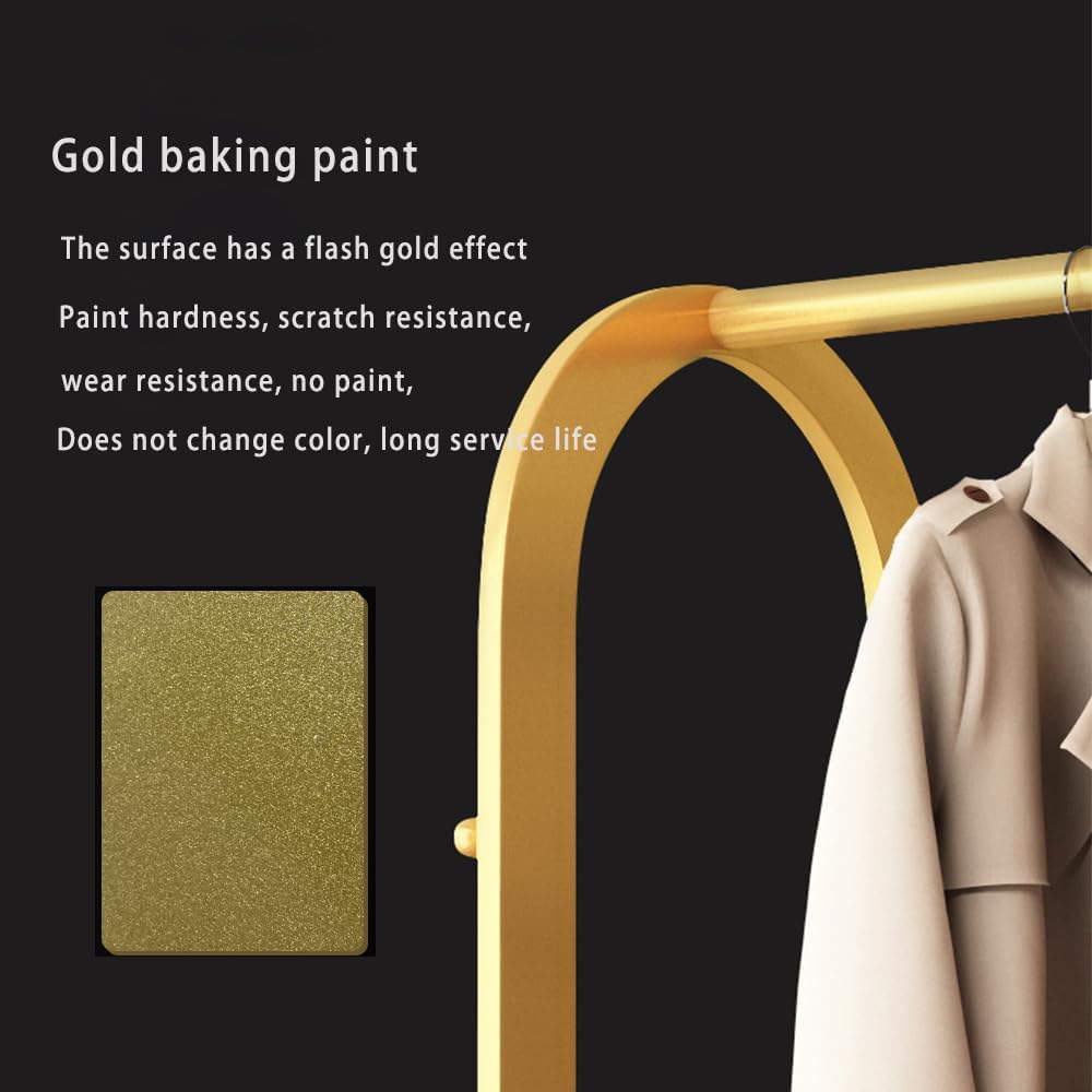 Gold Clothing Rack,Metal Garment Rack with Bottom Storage Shelves and 6 Side Hooks,modern Sturdy clothes racks for hanging clothes,Freestanding Wardrobe Rack for Bedroom or Boutique (L:23.6in)