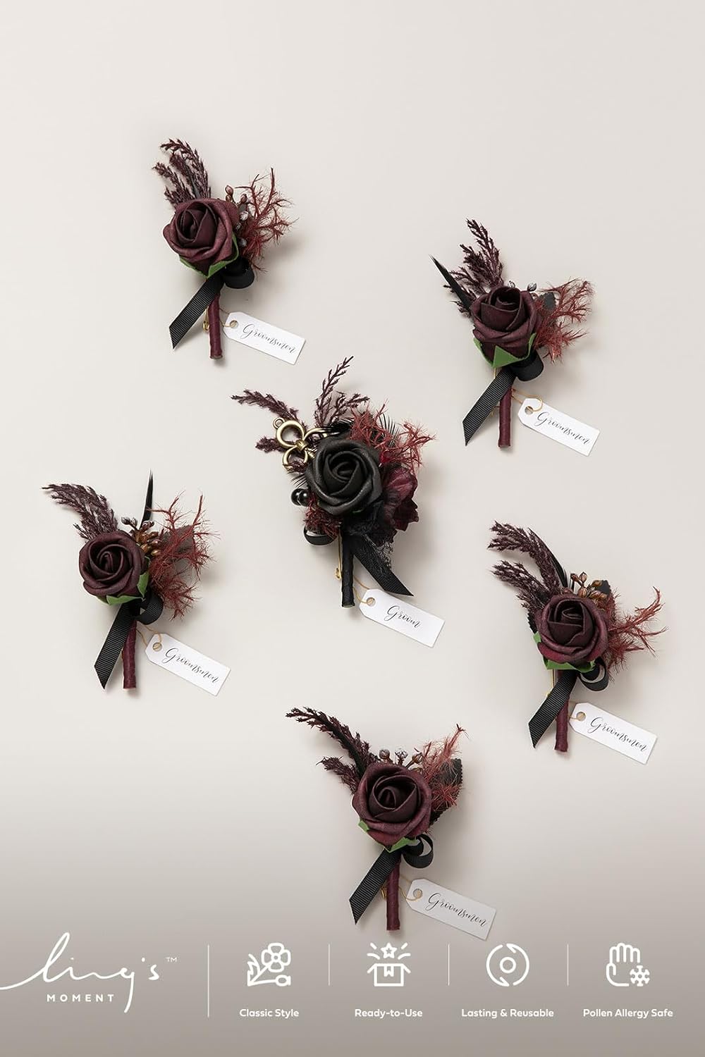 Ling's moment Wedding Artificial Flowers Package, Bridal Bouquet, Bridesmaid Bouquets, Boutonniere for Men, Rose Petals.Black Baccara Red
