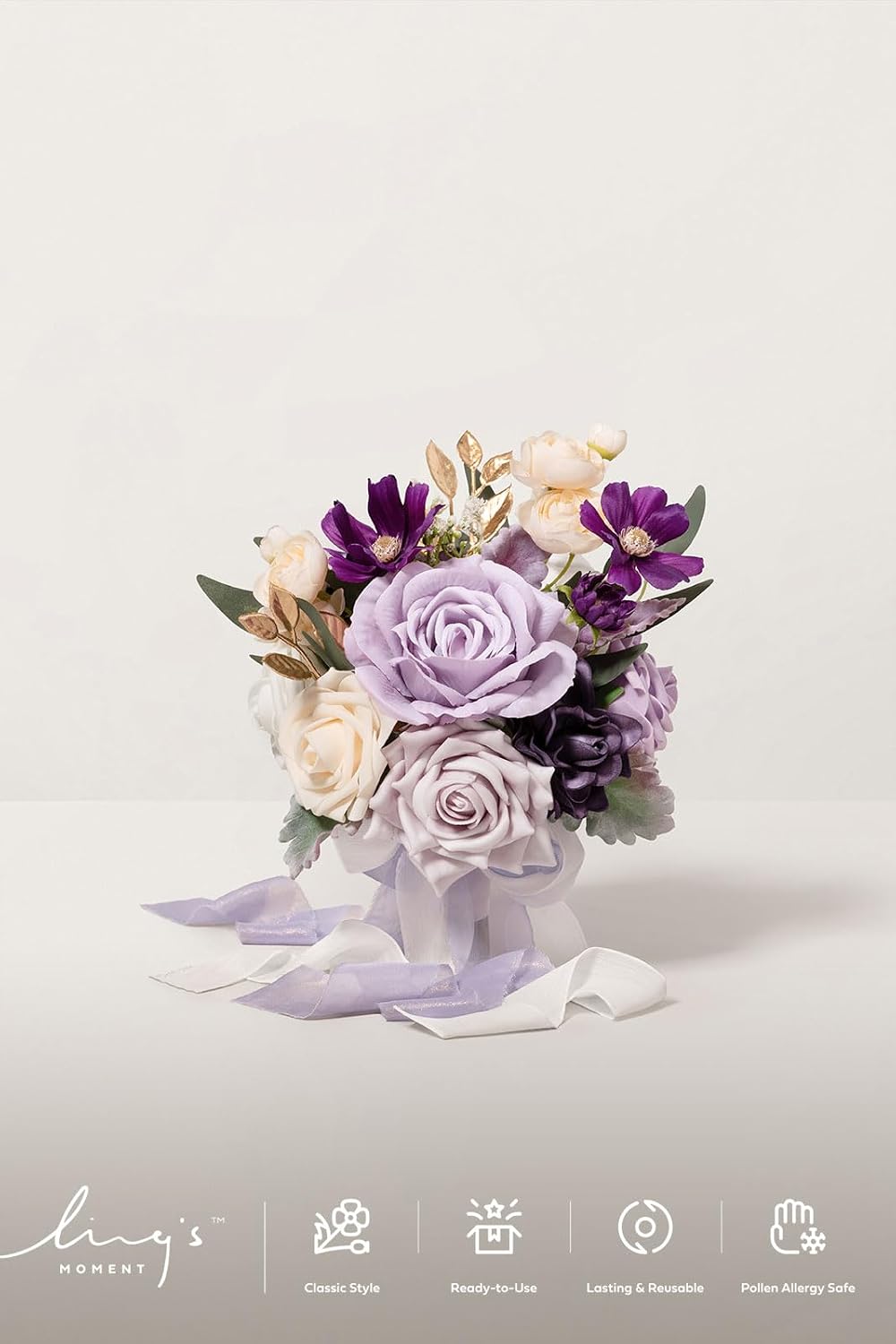 Ling's moment Wedding Artificial Flowers Package, Bridal Bouquet, Bridesmaid Bouquets, Boutonniere for Men, Rose Petals.Sage Orchid Purple Cream