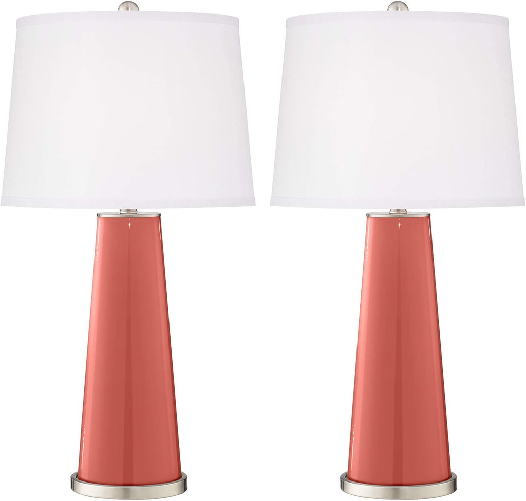 Color + Plus Leo Modern Table Lamps 29 1/2' Tall Set of 2 Coral Reef Glass Tapered Column Plain White Drum Shade Decor for Bedroom Living Room House Home Bedside Nightstand Office Family