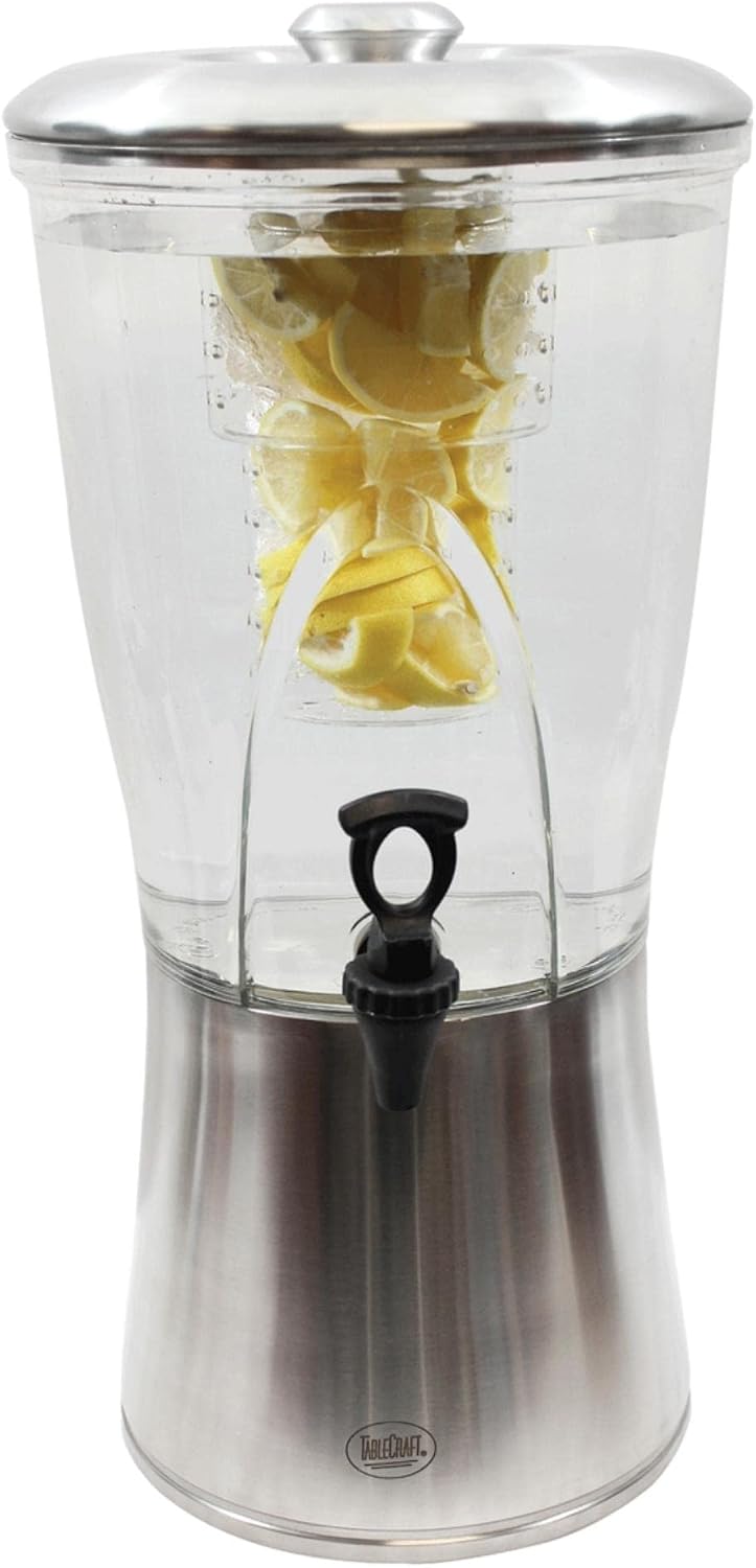 TableCraft N175 Cold Beverage Dispenser, 3.5 Gal, Stainless Steel & Tritan, 11¼' Dia x 23½', Includes Removable Infuser Tube, Clear Glass Design, BPA-Free, NSF Certified, Ideal for Events