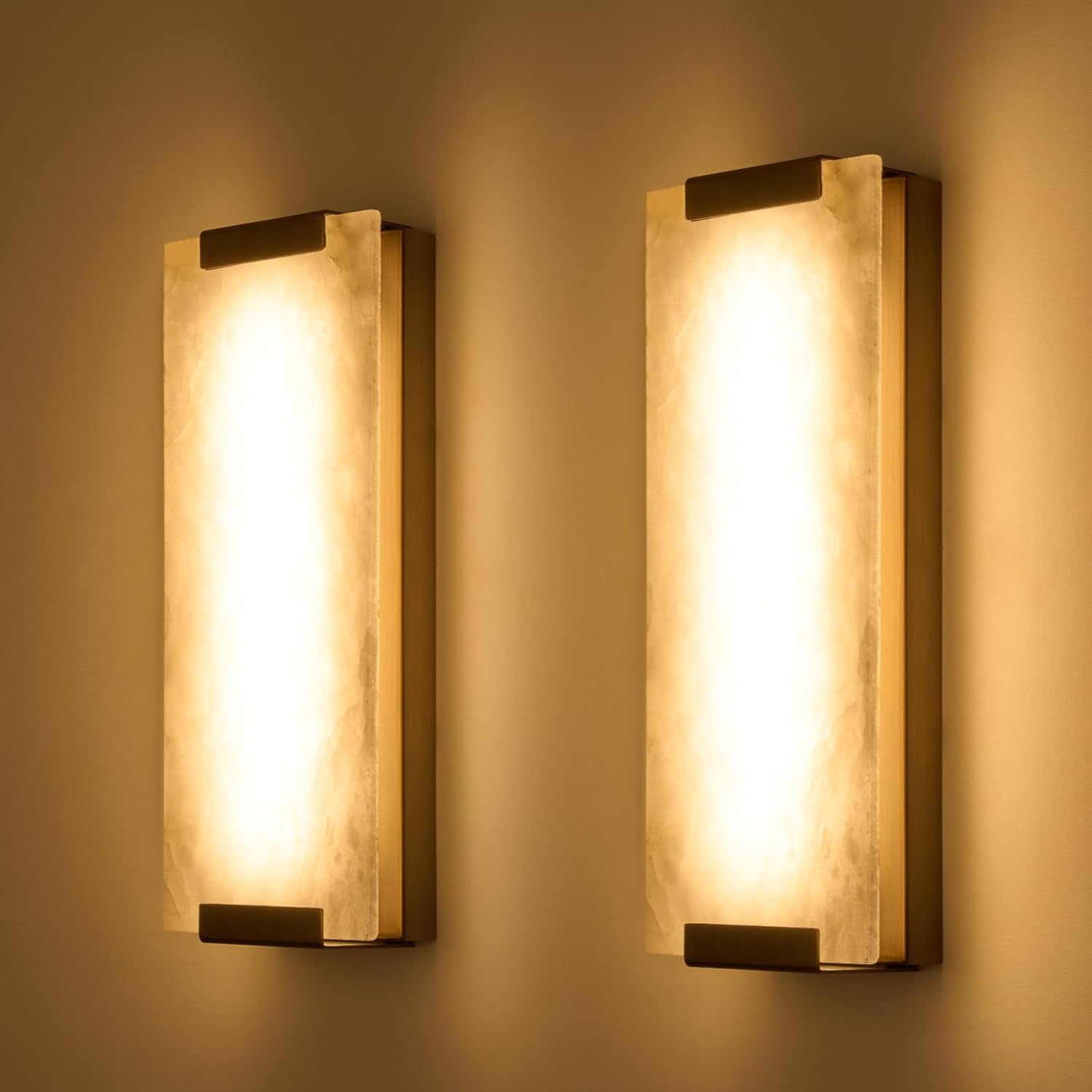 14.2in Alabaster Wall Sconces, Large Natural Marble Wall Sconces Set of Two, LED Modern Wall Lamp for Bedroom, Stairs, Living Room, Vanity, Bedside, Hallway （Brushed Bronze 12W）