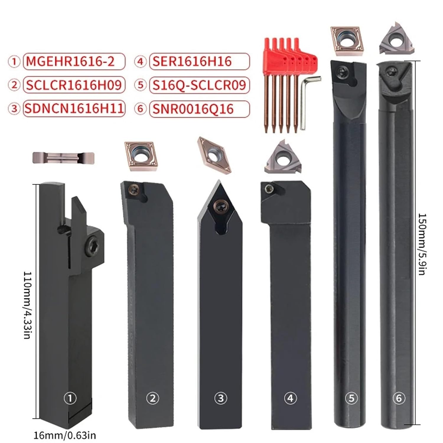10/12/16MM Turning Tool Sets MGEHR SDJCR SDNCN SCLCR SER SNR Lathe Boring Bar with 7PCS Carbide Insert CNC Cutting Holder(16MM Set 2)