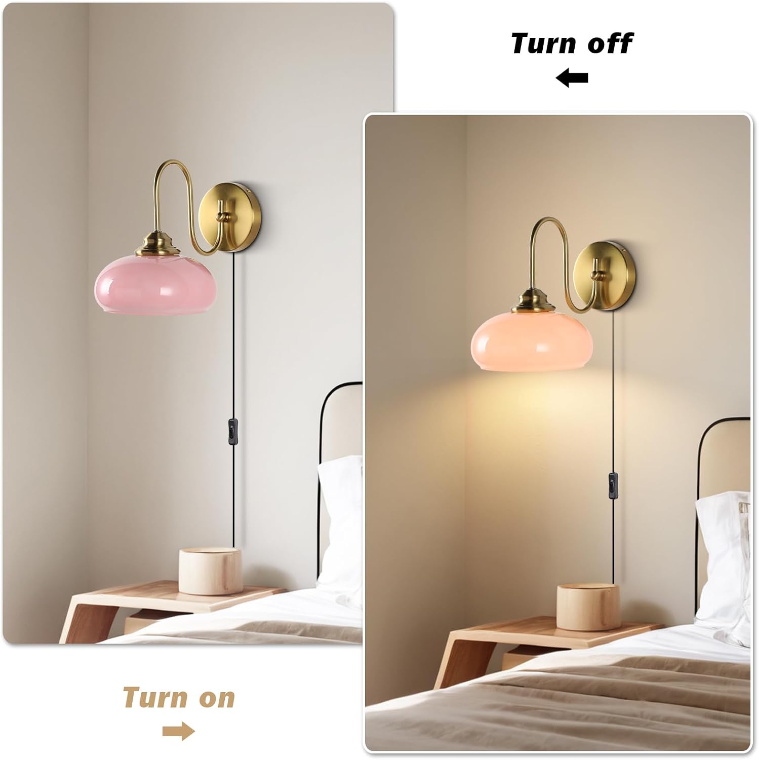 KCO Lighting Modern Pink Glass Wall Light Set of 2 Plug in Antique Brass Wall Sconce Pink and Gold Wall Sconces Bathroom Vanity Light Fixtures Plug in