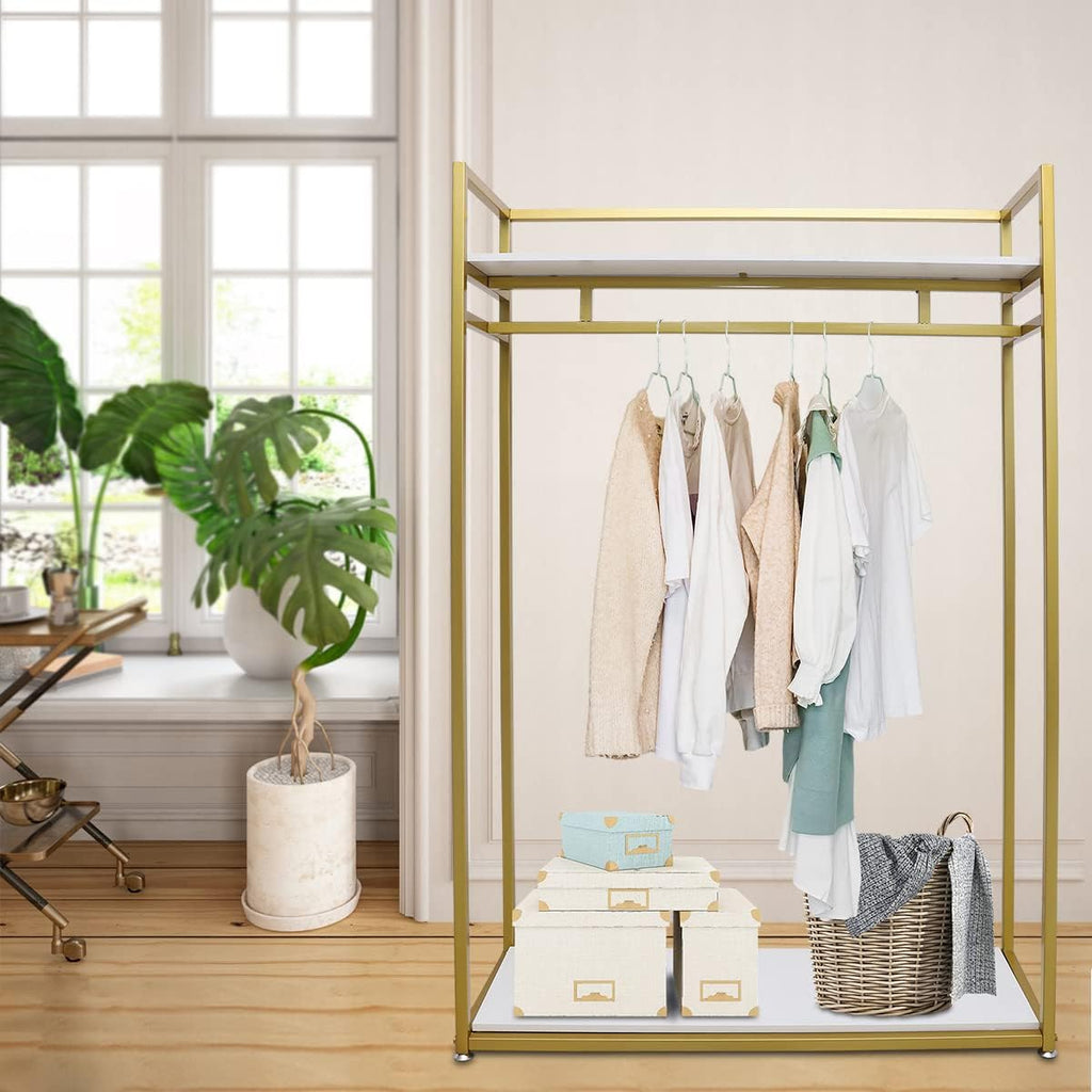 Heavy Duty Clothing Rack with Wood Shelf,Clothes Rack,Freestanding Garment Rack for Home Boutique Retail Display,Gold