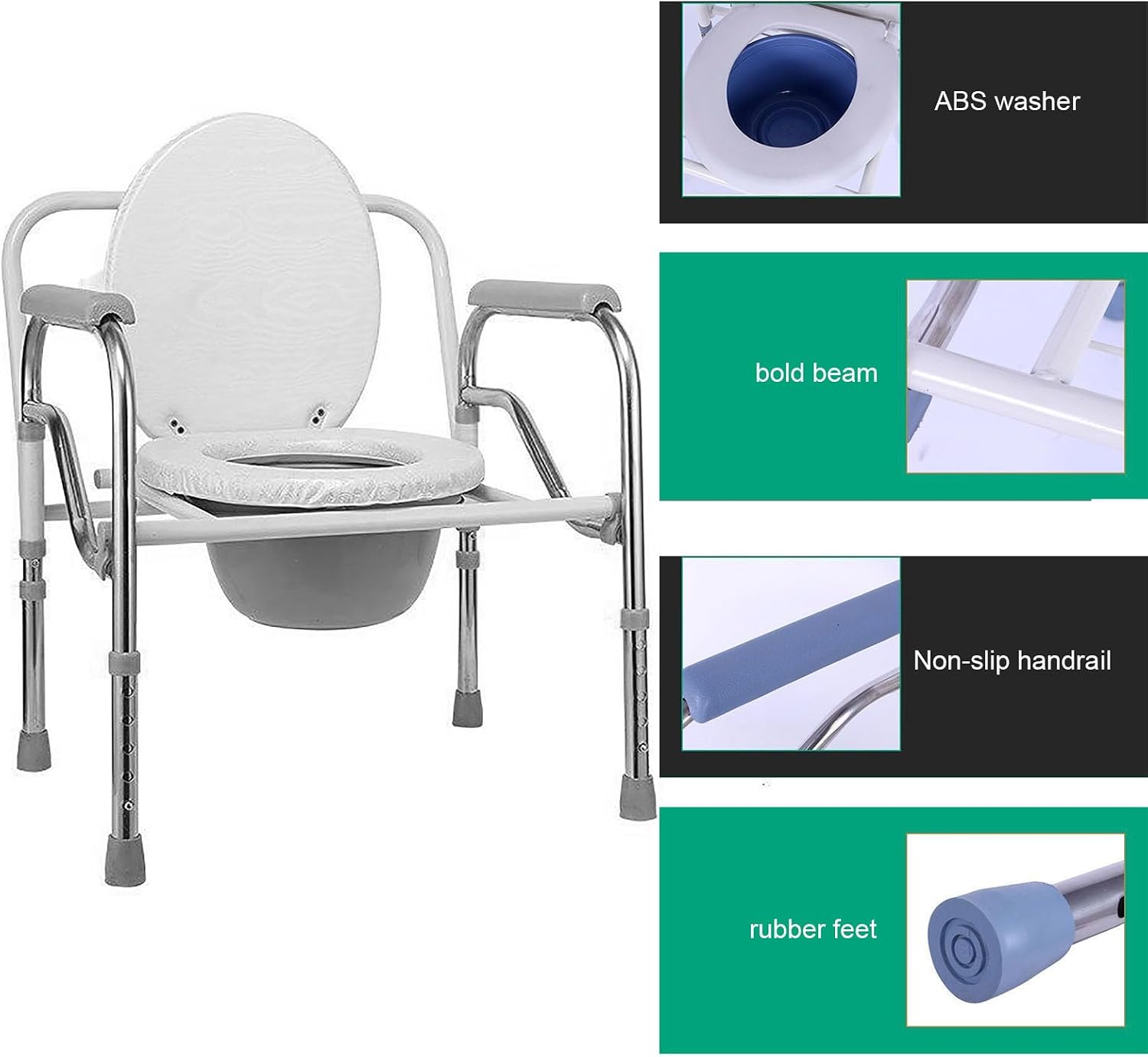 Heavy-Duty Bedside Commode, Portable Foldable Toilet Chair, Extra-Wide Seat, Pail Fits Standard Disposable Liner Bag, for Adults, Elderly, Bariatric Patients Leatherseatboard