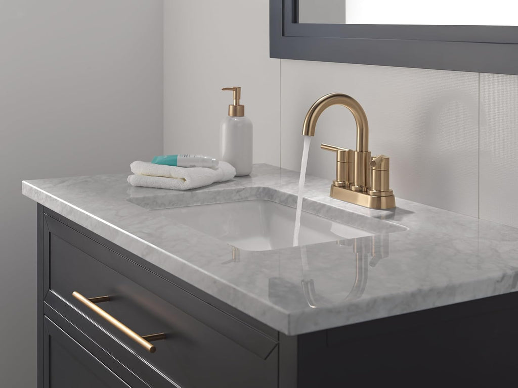 Delta Nicoli Centerset Brushed Gold Bathroom Faucet with Sprayer, 4 Inch 3 Hole Bathroom Sink Faucet with Pull Out Sprayer, Push-Pop Drain, Champagne Bronze 25749LF-CZ