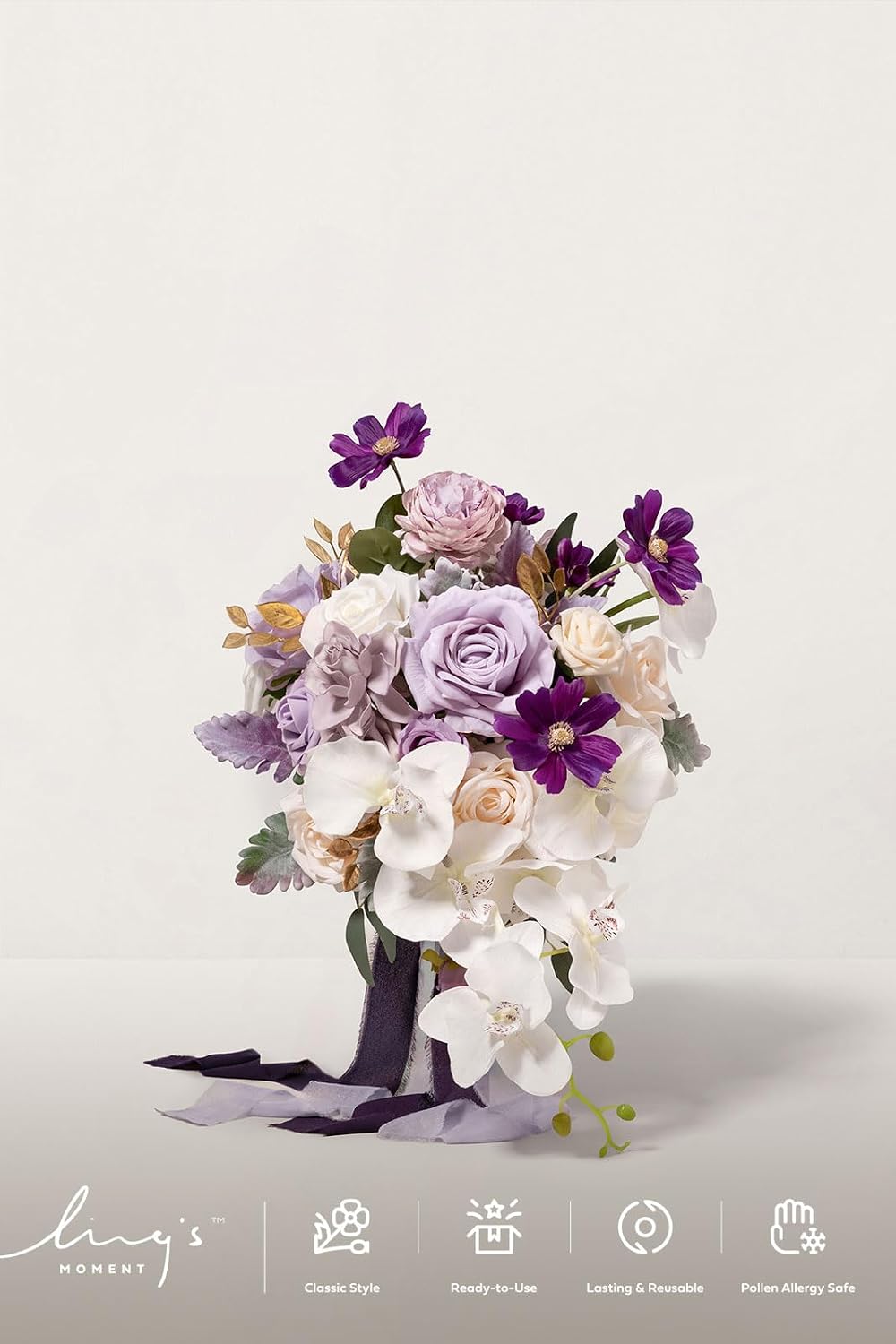 Ling's moment Wedding Artificial Flowers Package, Bridal Bouquet, Bridesmaid Bouquets, Boutonniere for Men, Rose Petals.Sage Orchid Purple Cream