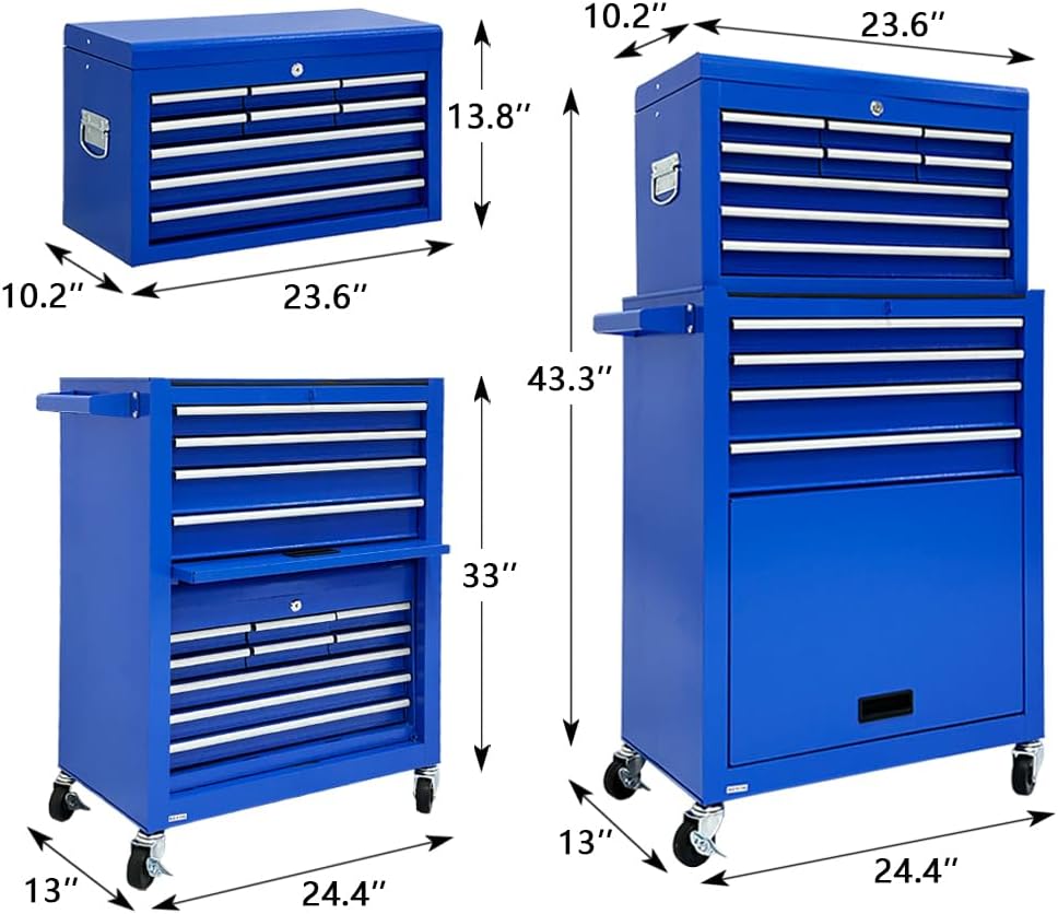 13-Drawer Rolling Tool Chest, 2-in-1 Heavy Duty Detachable Storage Cabinet with Lockable Wheels & Removable Top Box, 600 lbs Capacity for Mechanics, Garage Workshop (Blue)