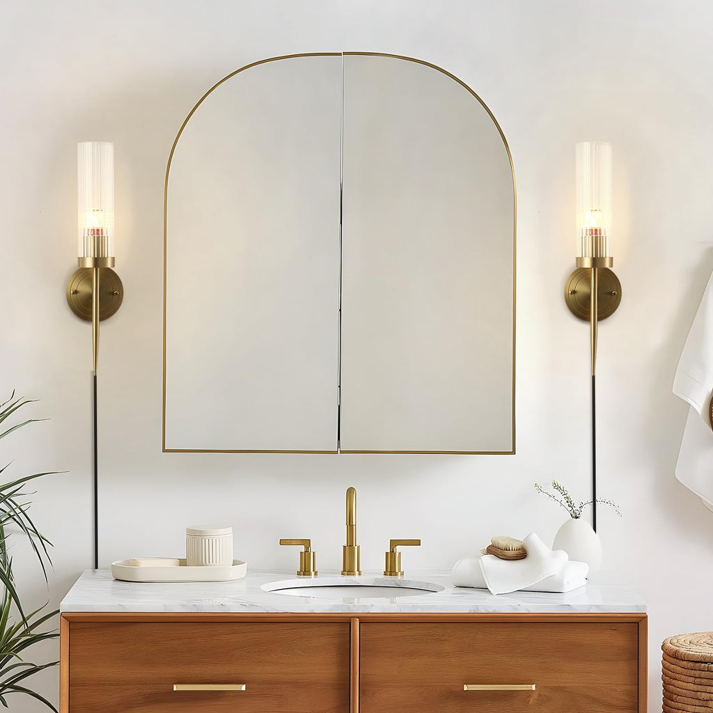 Brass Plug in Wall Sconces Set of Two Indoor Wall Mounted Lights Industrial Vintage Wall Lights Fixture with Clear Glass Shade Wall lamp Set of 2 for Bedside Bedroom Indoor Doorway E26 Base