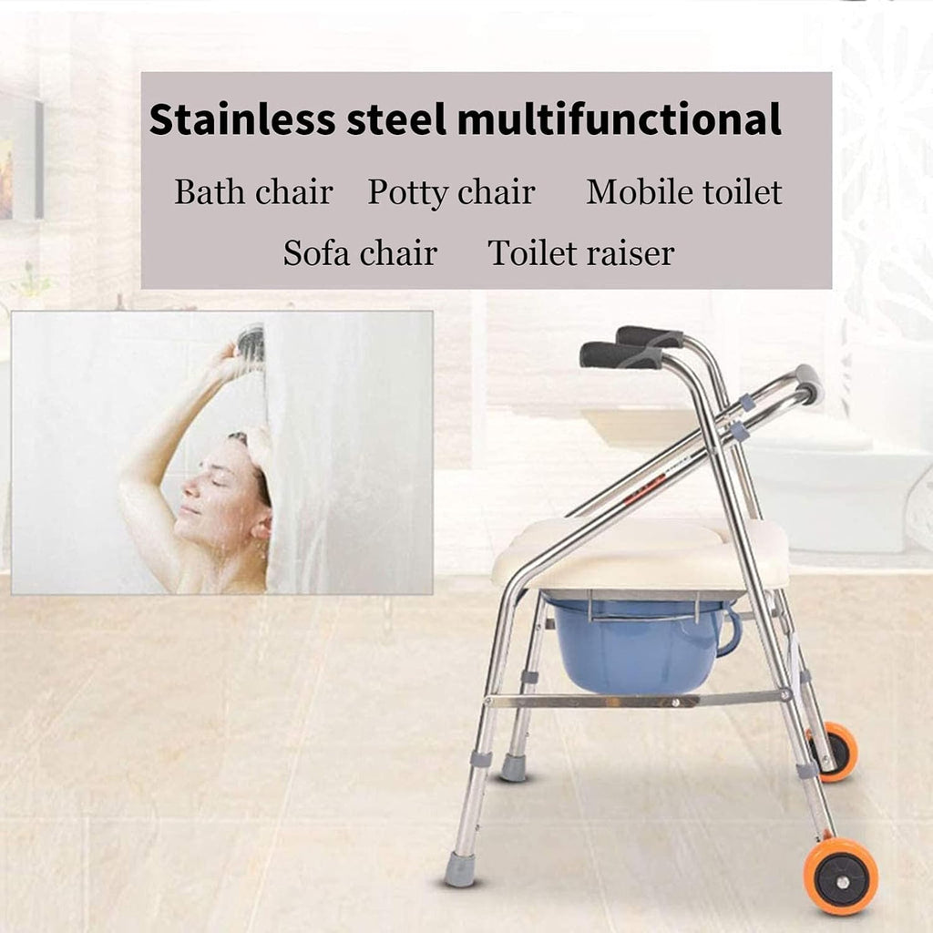 Commode Chair, Folding Commode Seat Foldable Toilet Chair Heavy-Duty Steel Commode Toilet Chair Bedside Drop-Arm Commode Chair Height Adjustable with Wheels