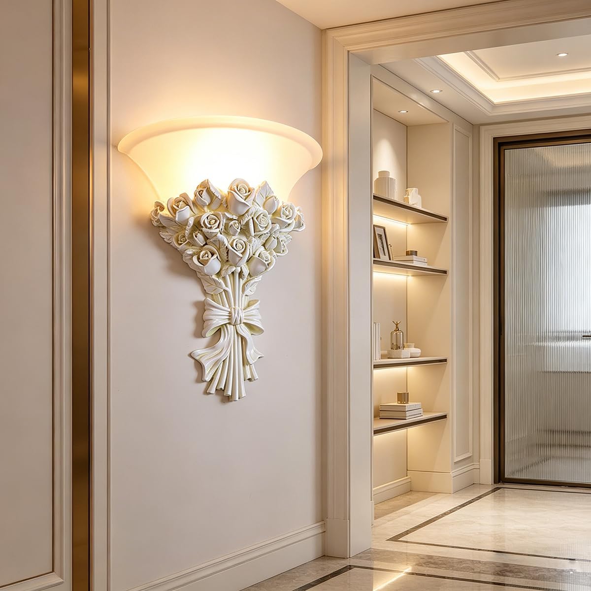 White Flower Wall Sconce 1-Light Antique Rose Resin Flower Wall Lamp with Frosted Glass Shade, E26 Hardwired Light Fixture Vintage Indoor Art Deco Lighting for Bedroom Living Room