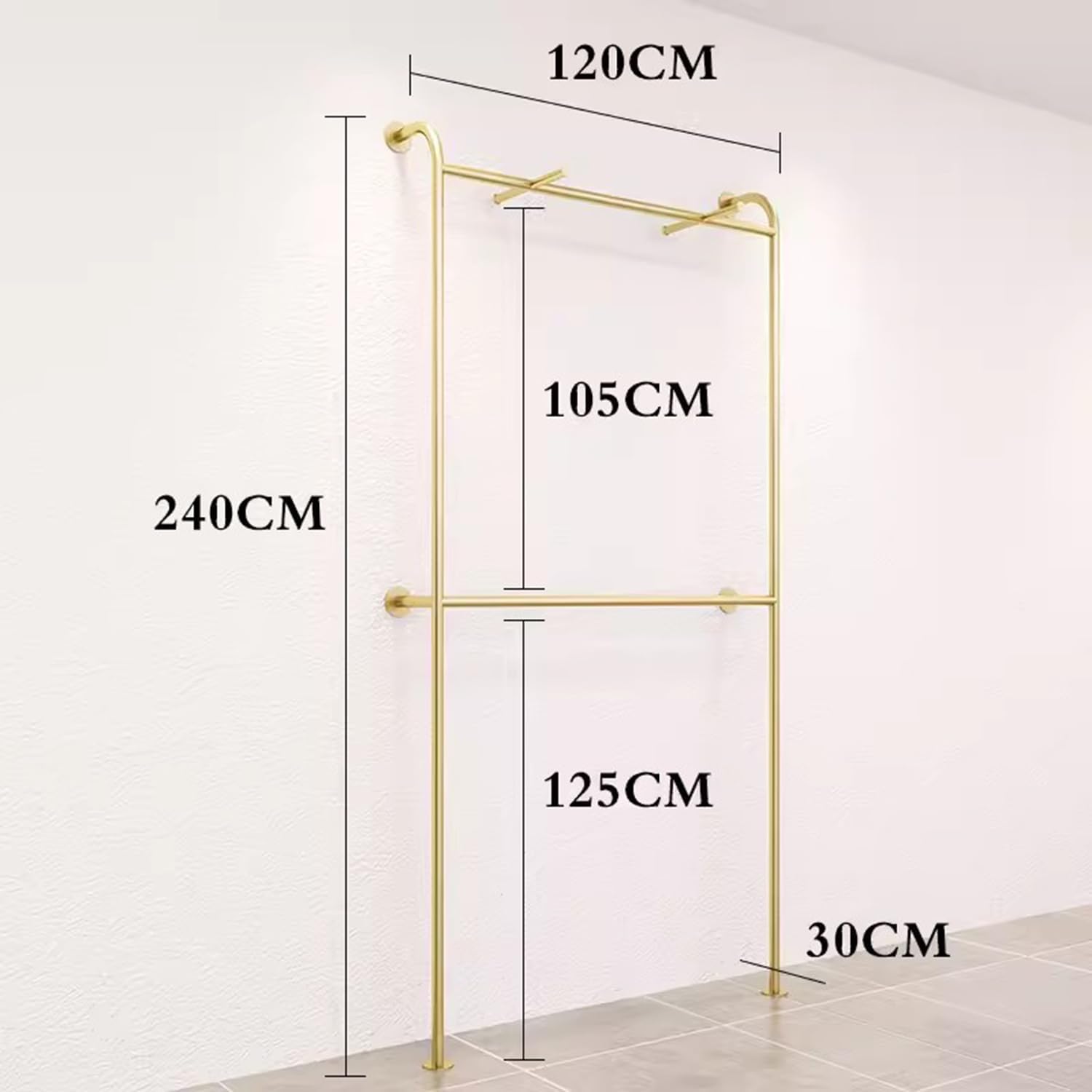 Double Layer Gold Clothes Rack, Wall Mounted Floor Clothing Rack, Heavy Duty Pipe Garment Rack, Metal Clothing Display Stand Rod for Boutique Retail Bedroom,120cm
