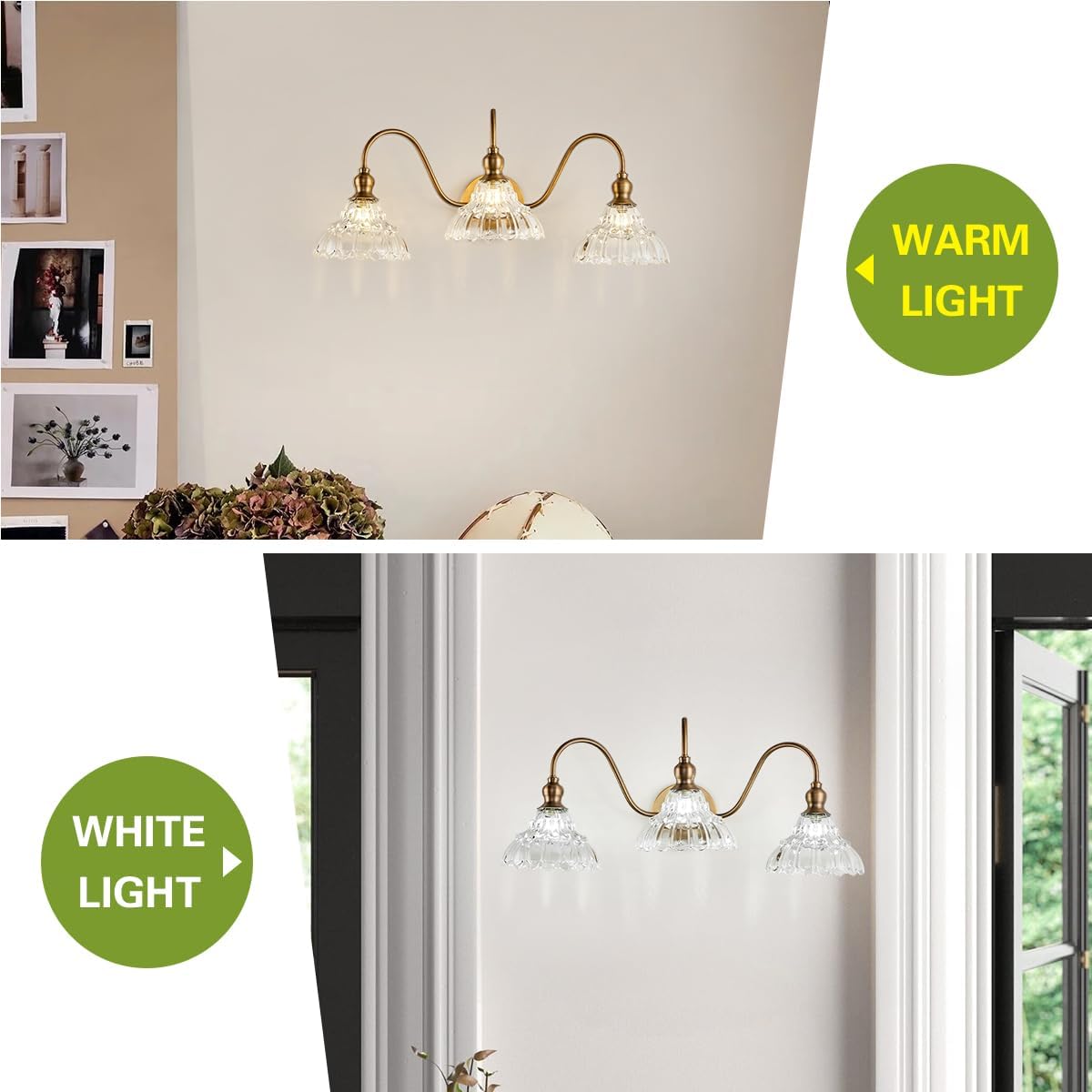 3-Light Bathroom Vanity Light Vintage Brass Wall Sconce with Clear Ribbed Glass Shades Farmhouse Bathroom Light Fixture Over Mirror G9 Base Wall Mount Lighting for Bathroom Hallway Bedroom