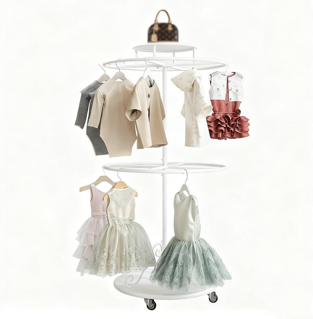 Rotatable Round Clothes Rack, 2-tier Retail Kids Garment Rack with Top Shelf and Wheels, Retail Clothing Display Stand with Wheels, for Boutique Retail Display(White)