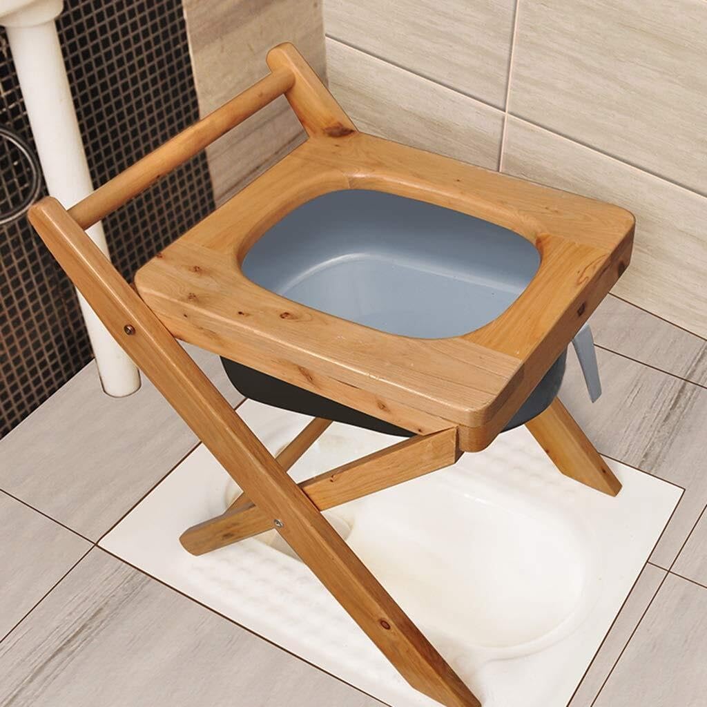 Folding Wooden Toilet Commode Chair with Bucket – Portable Bedside Potty & Shower Seat for Seniors Disabled Pregnant Women Easy to Clean Sturdy Comfortable