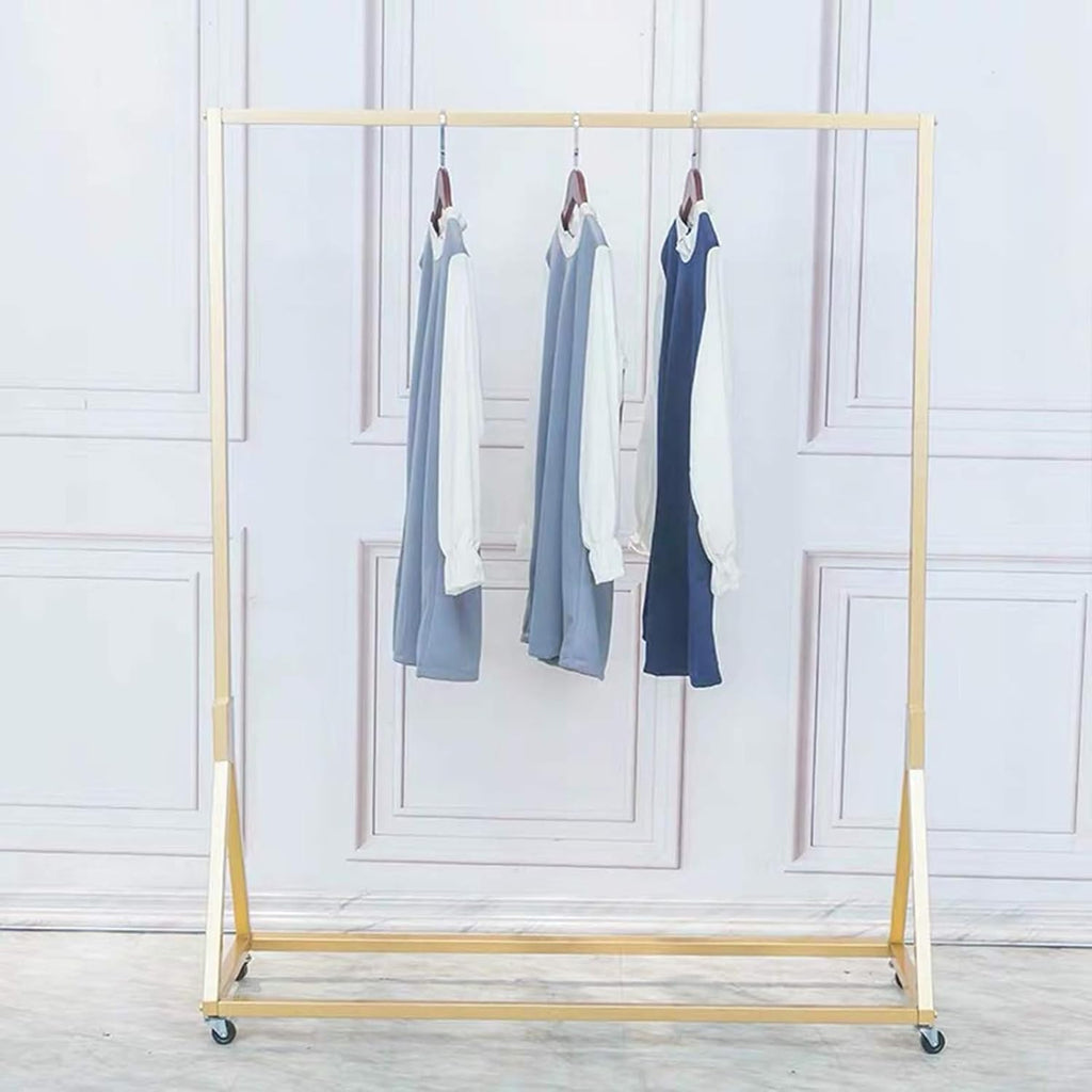 Modern Simple Heavy Duty Metal Rolling Garment Rack with Wheel, Retail Display Clothing Rack, Wrought Iron Single Rod Floor-Standing Hangers, Portable Metal Gar,Gold-