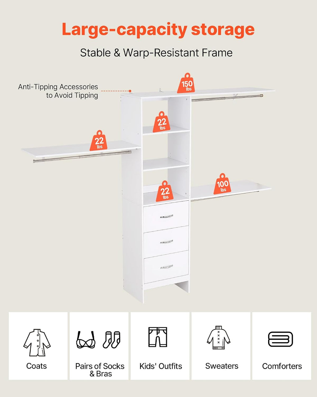 VEVOR Closet System with 3 Drawers, Adjustable Height Wooden Closet Organizers, Modern Walk-in Wardrobe Organization with 3 Retractable Clothes Hanger Rods, Freestanding Garment Rack Storage, White