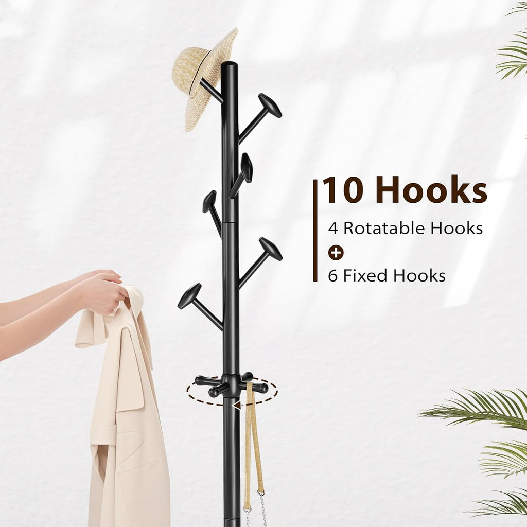 Taitiy Solid Wood Coat Rack Freestanding Coat Tree with 10 Hooks for Bedroom, Livingroom, Entryway, Sturdy Coat Hanger Stand for Hats, Coats, Scarves, Handbags, Purses
