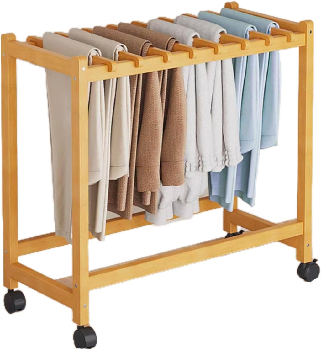 Natural Wood Rolling Garment Rack with Wheels – Freestanding Metal Closet for Skirts, Scarves & Jeans – Perfect for Bedroom & Laundry Room Organization