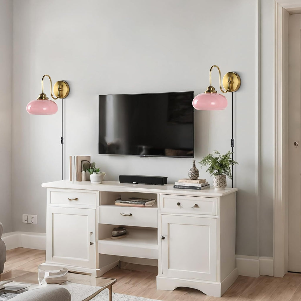KCO Lighting Modern Pink Glass Wall Light Set of 2 Plug in Antique Brass Wall Sconce Pink and Gold Wall Sconces Bathroom Vanity Light Fixtures Plug in