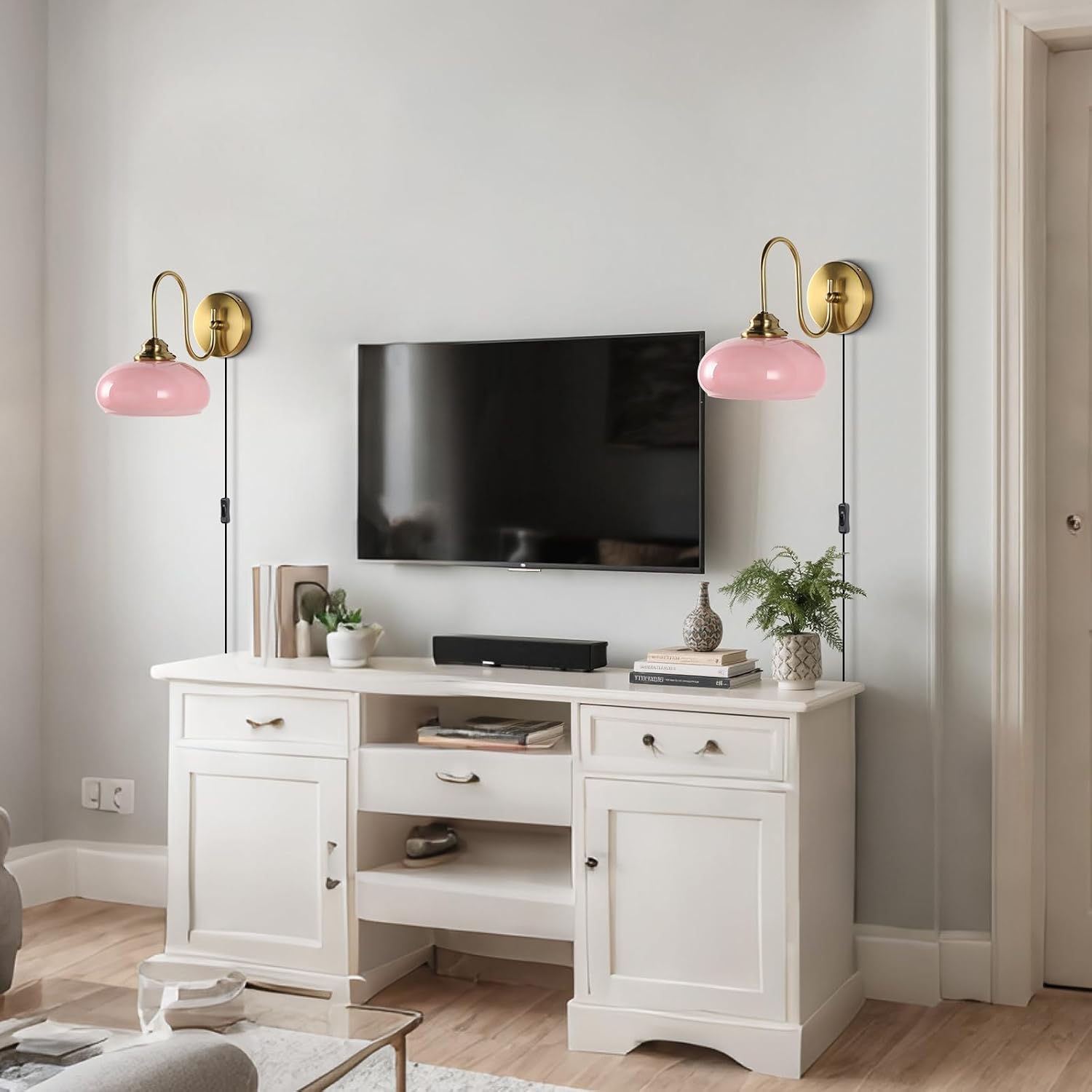 KCO Lighting Modern Pink Glass Wall Light Set of 2 Plug in Antique Brass Wall Sconce Pink and Gold Wall Sconces Bathroom Vanity Light Fixtures Plug in