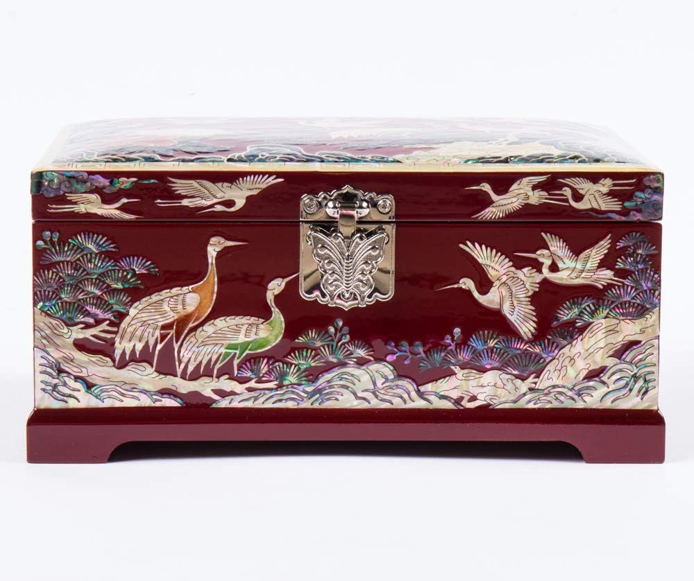 Antique Alive Mother of Pearl Inlay Design Jewelry Box, Wood Jewelry Box, Trinket Case, Keepsake Treasure Chest Box Organizer Holder (Pine Red)