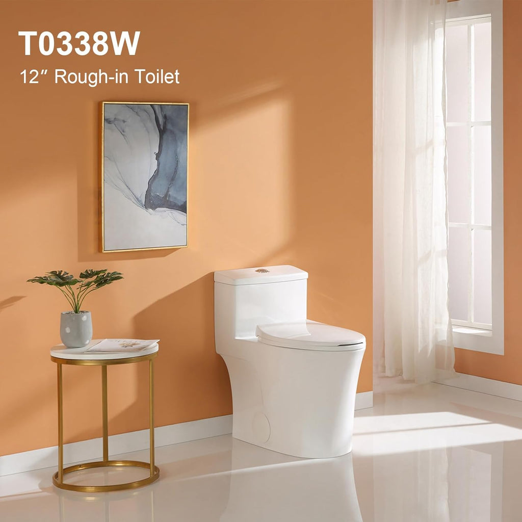 HOROW T0338W Compact One Piece Toilet, ADA Chair Height 17.3', Elongated Bowl, Dual Flush 1.1/1.6 GPF, White, 12 Inch Rough-In