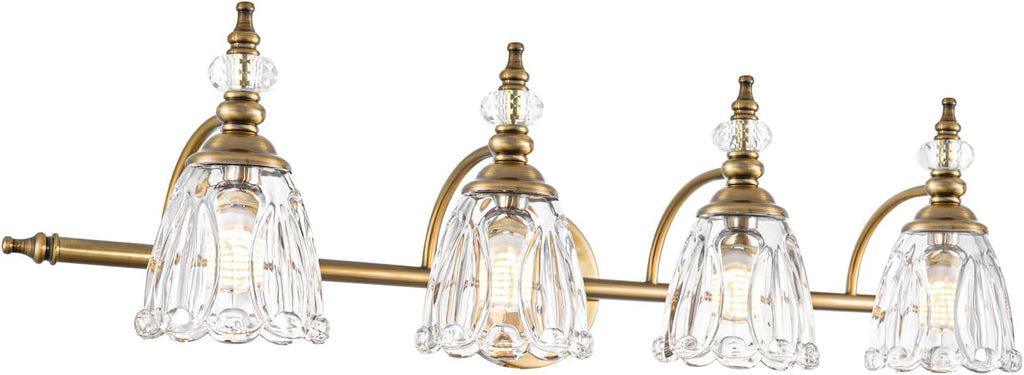 Brushed Antigue Brass Bathroom Light Fixtures 4 Lights, Antique Brass Vanity Light, Vanity Light Over Mirror, Vintage Bathroom Light with Clear Flower Glass, Lights for Wall Interior Hallway