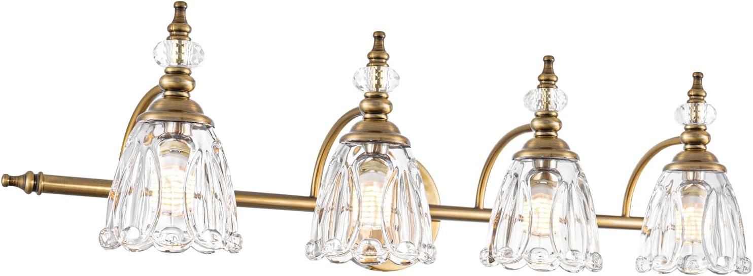 Brushed Antigue Brass Bathroom Light Fixtures 4 Lights, Antique Brass Vanity Light, Vanity Light Over Mirror, Vintage Bathroom Light with Clear Flower Glass, Lights for Wall Interior Hallway