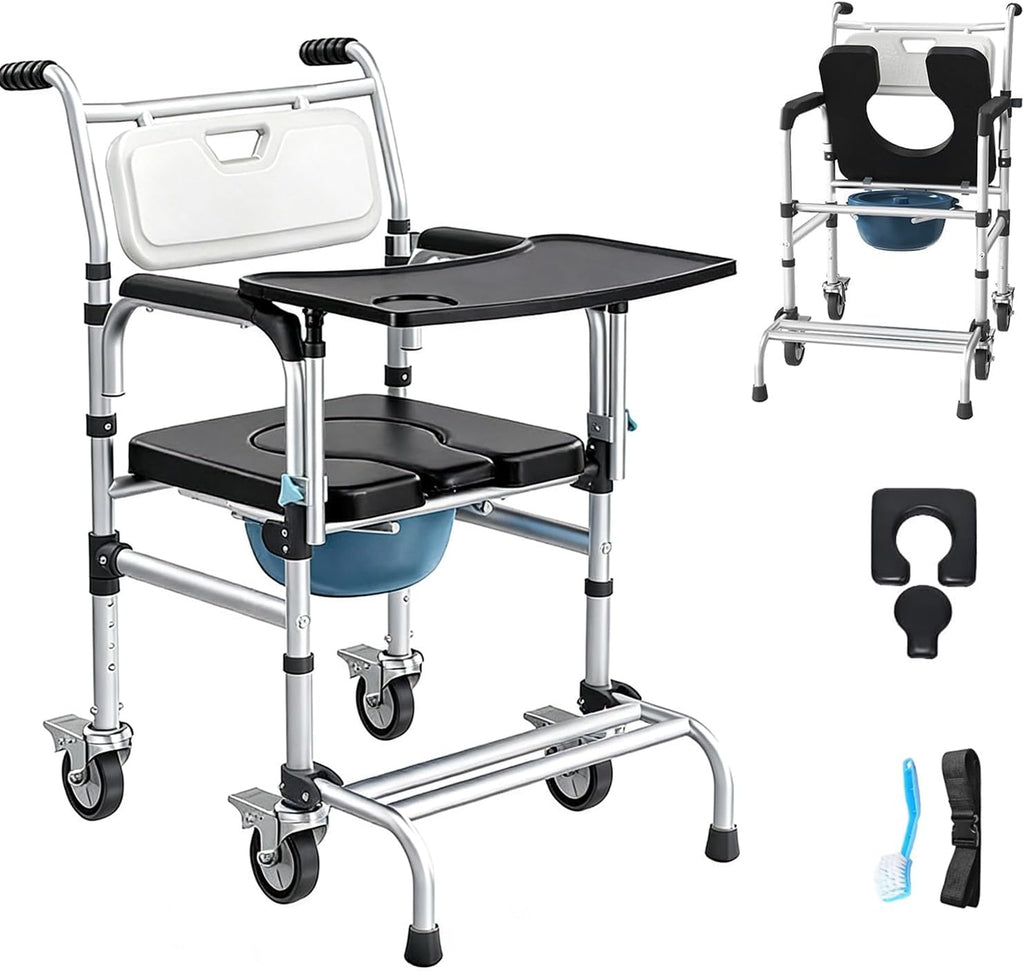 4 in 1 Rolling Bedside Commode Chair w/Wheels for Elderly, Shower Chair w/Handles for Height Raised Toilet Seat for Seniors, Disabled & Pregnant Holds Up to 350 lbs