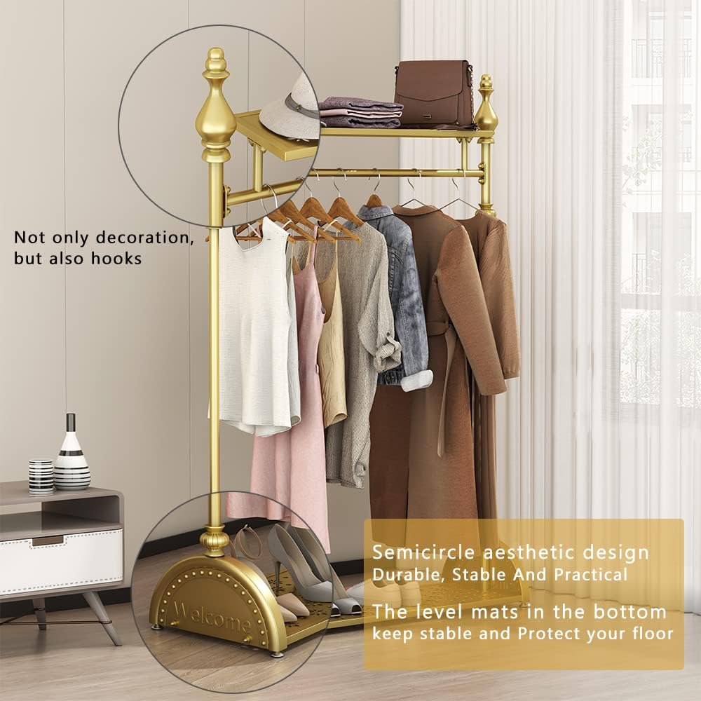 Clothing Rack Gold, Freestanding Heavy-Duty Garment Rack with Double Storage Shelves, Mobile Metal Coat Rack & Shoe Organizer for Bedroom Entryway Closet