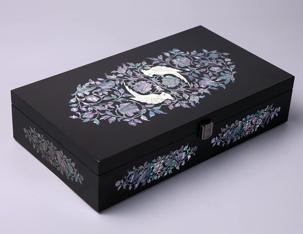 Antique Alive Mother of Pearl Wood Sunglasses Box Eyeglasses Valet Display Storage Case for Glasses, Watches, Jewelry, Trinkets Wooden Accessory Organizer Gift (Parrot Black)