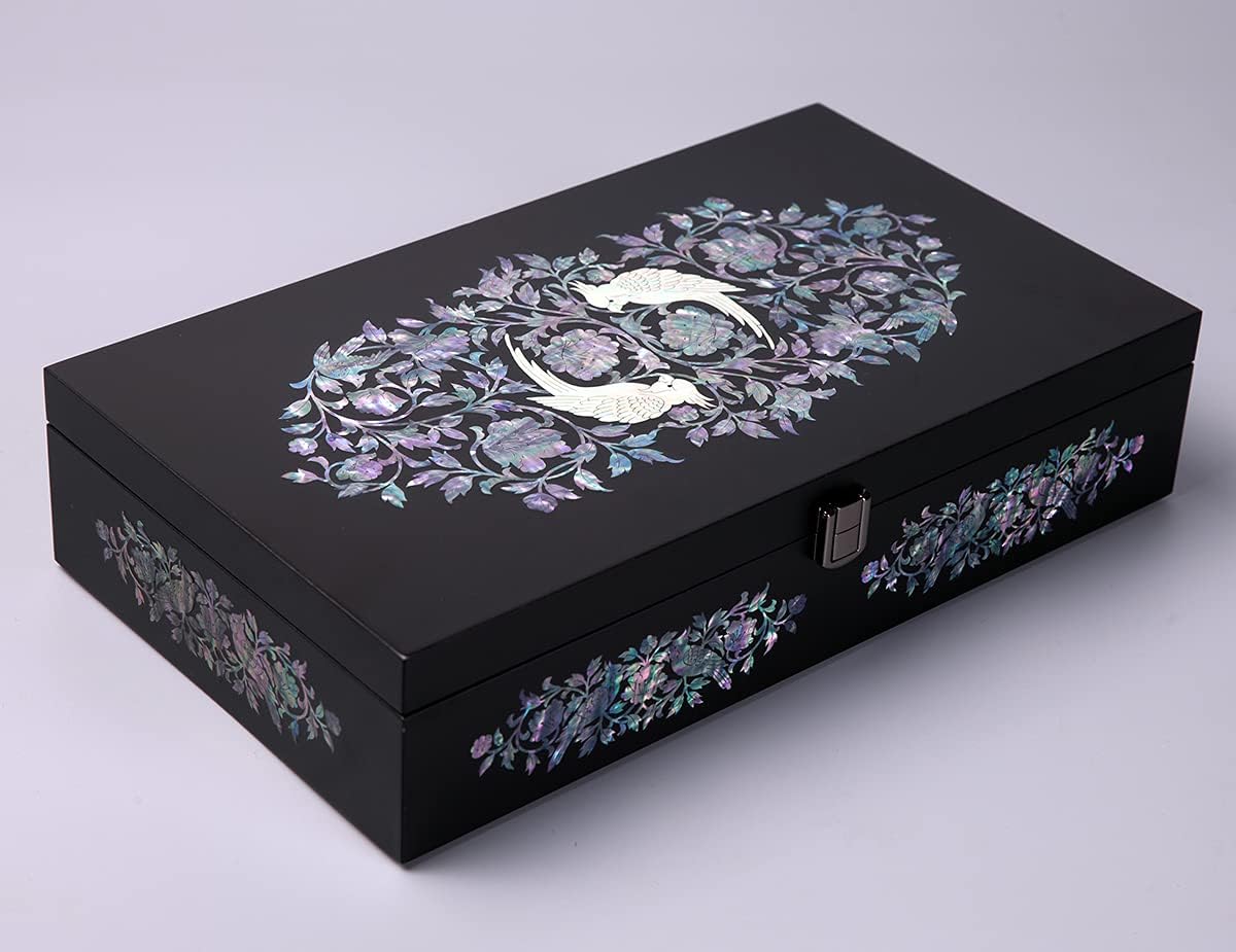 Antique Alive Mother of Pearl Wood Sunglasses Box Eyeglasses Valet Display Storage Case for Glasses, Watches, Jewelry, Trinkets Wooden Accessory Organizer Gift (Parrot Black)