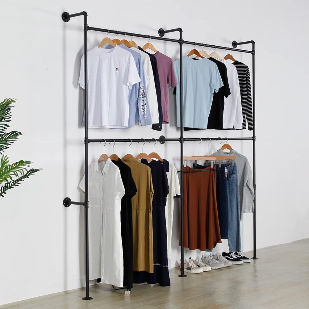 Industrial Pipe Clothing Rack Heavy Duty Double Closet Rod Clothes Rack, Clothing Rods for Hanging Clothes, Wall Mounted Clothes Garment Rack Closet System 90in Black