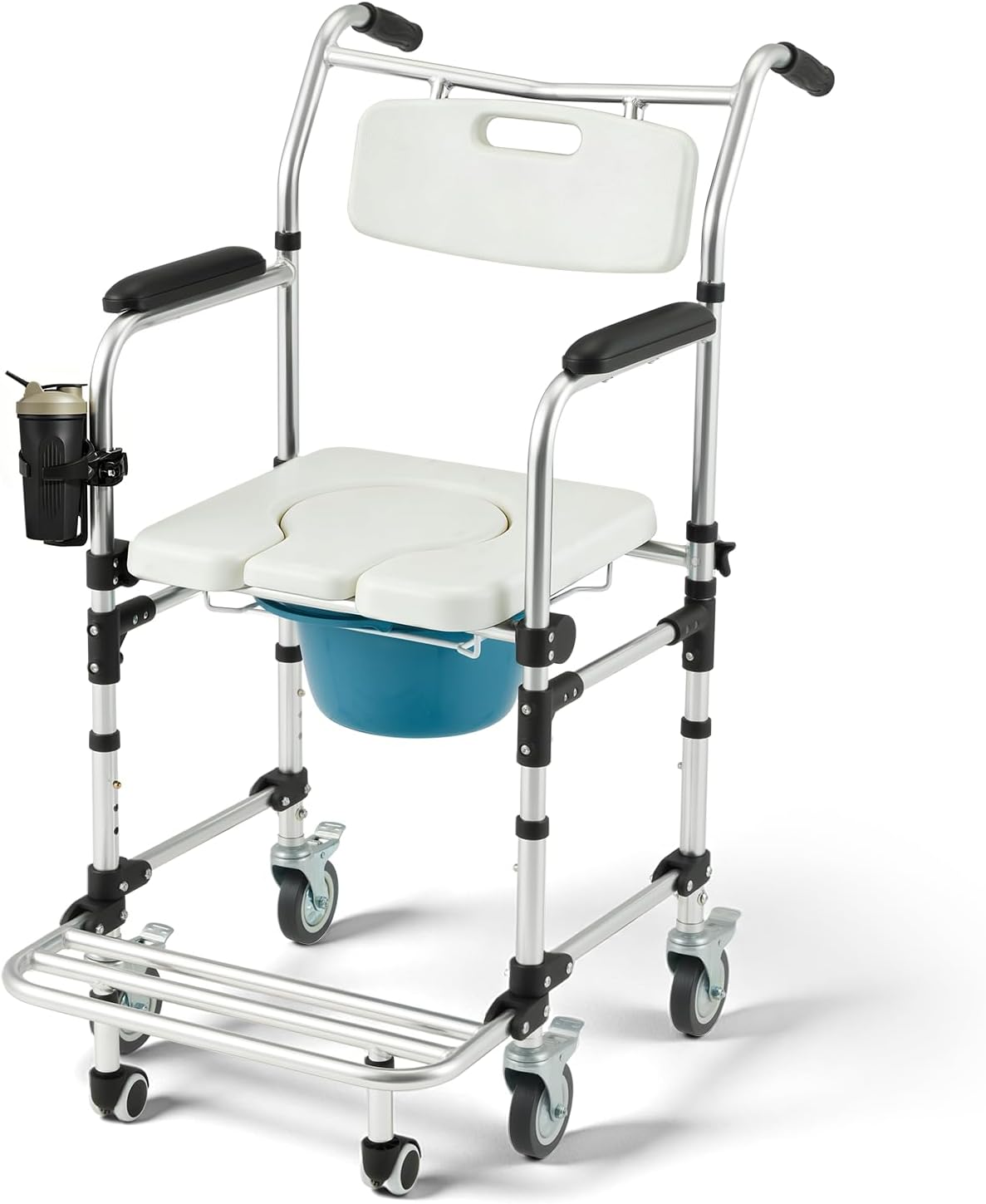 Upgraded 4-in-1 Bedside Commode Chair with Handles, 3-Level Height Adjustable Shower Wheelchair for Elderly, Anti-Tipping Rollout Footrest Transport Toilet Chair, Padded Seat, White