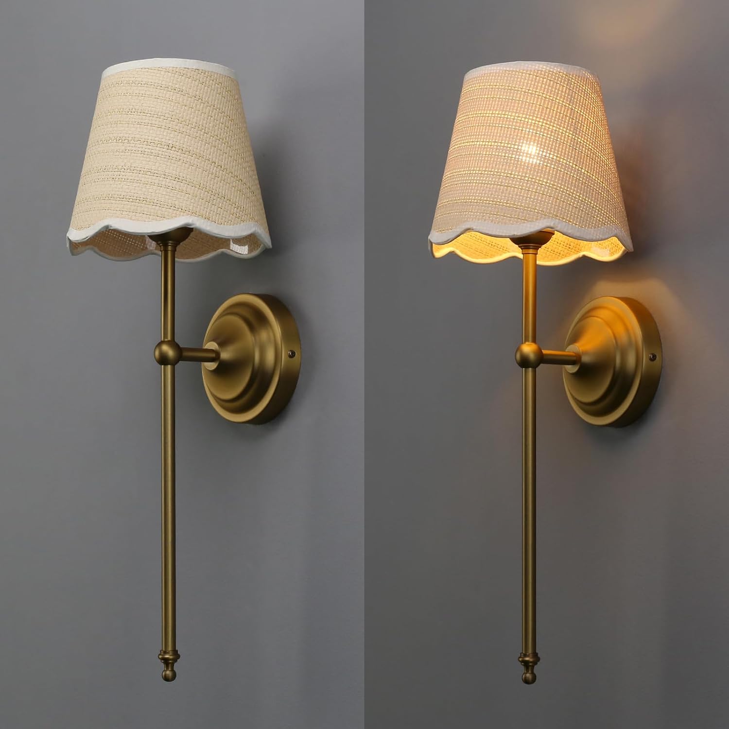 Industrial Vintage Wall Sconce Light Set of 2, Boho Rattan Shade with Long Arm Antique Brass Wall Mounted Lamp, Indoor Up and Down Wall Light Fixture for Bedroom Living Room Hallway