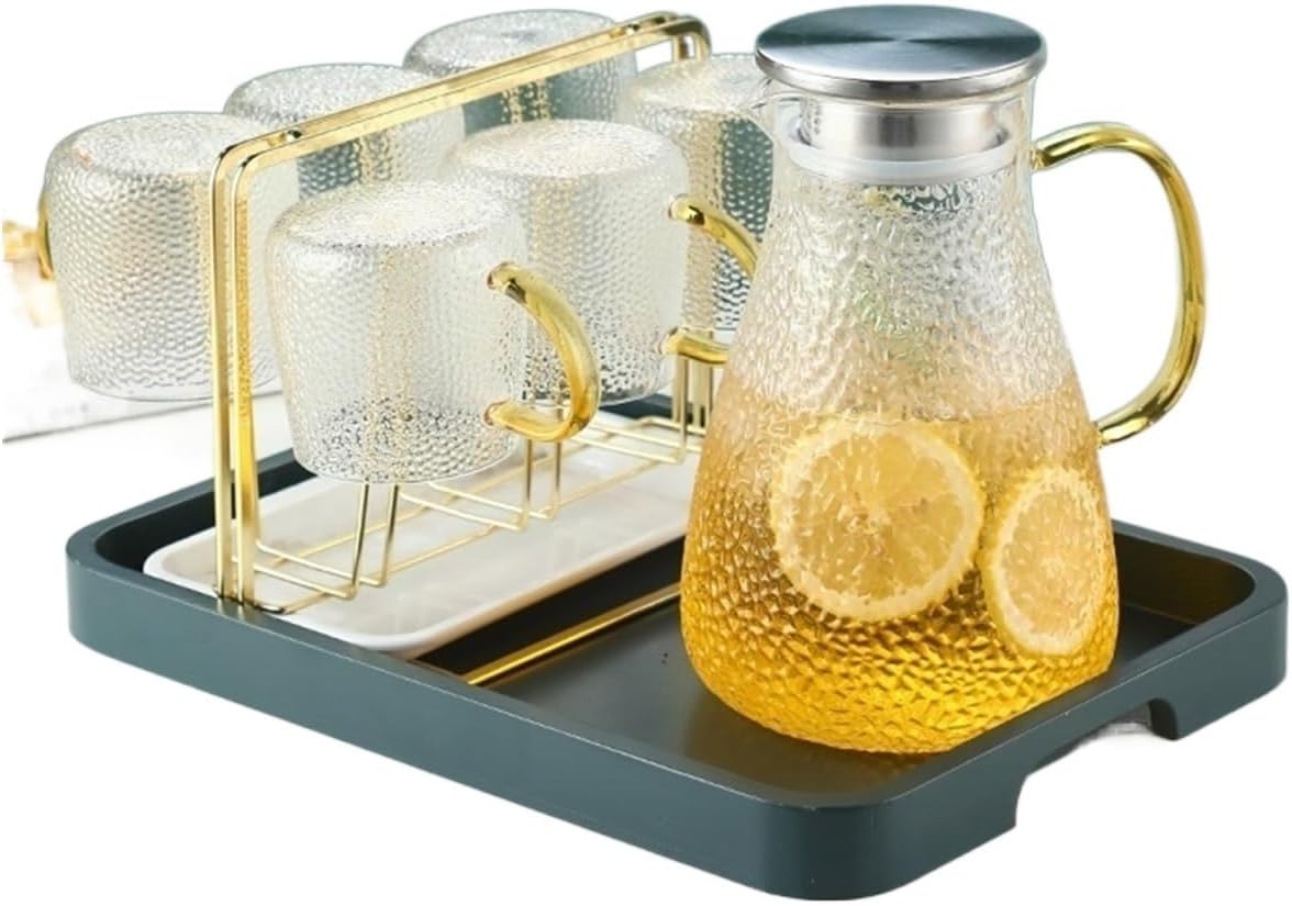 Beverage Serveware Cold kettle glass cold water cup household hammer pattern high temperature resistant teapot large capacity cold kettle set Water Carafe(1800ml)
