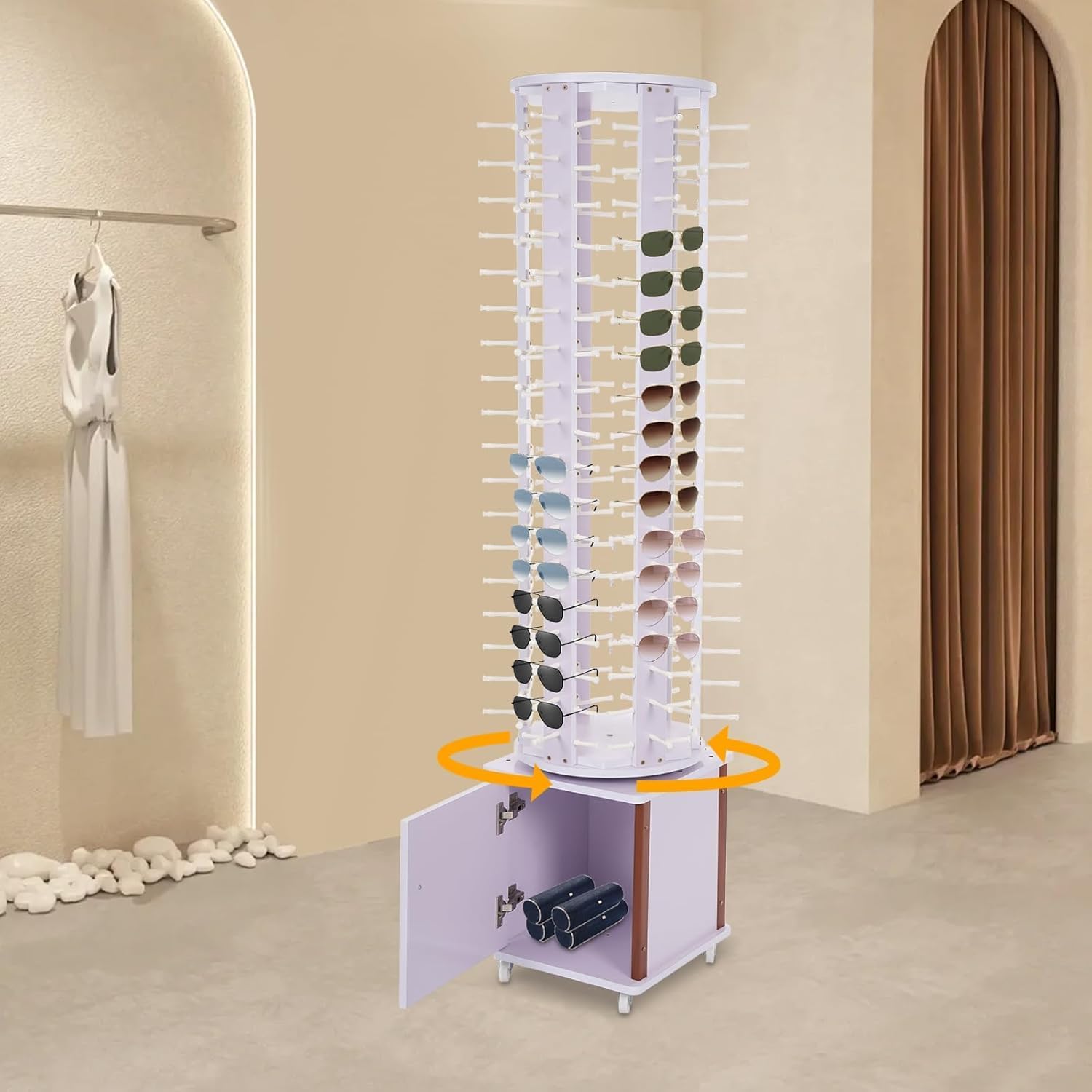 108 Capacity Eyeglass Display Stand 360° Rotating Sunglasses Rack Organizer Holder with Base Square Freestanding Countertop Spinner for Retail Boutique (Light Purple, 108 Pairs)