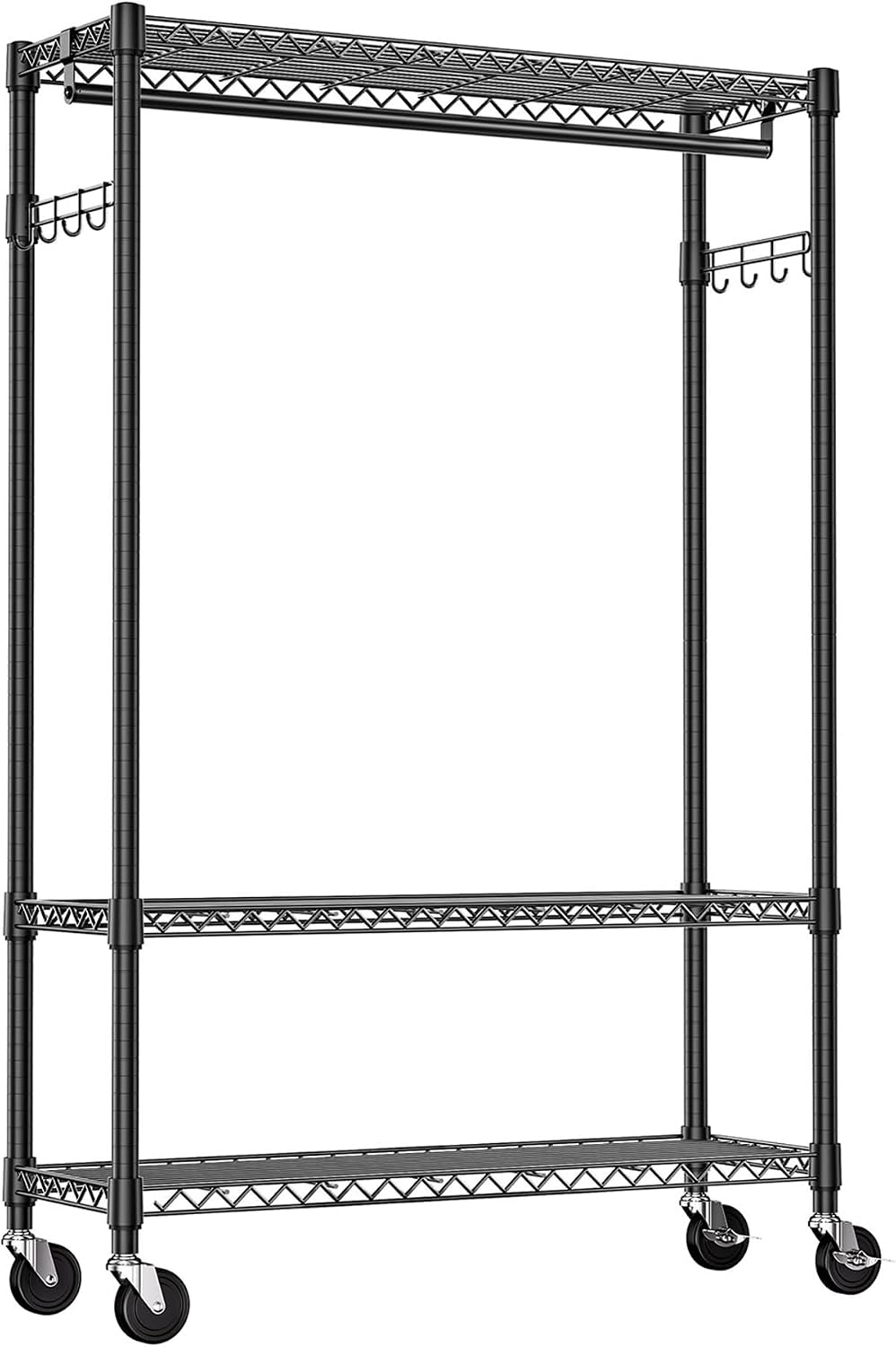 3-Tier High-Strength Rolling Garment Rack Adjustable Wire Shelving Clothing Closet Storage with Hanging Rod Side Hooks Wheels Black 15.7' D x 45.3' W x 75.6' H