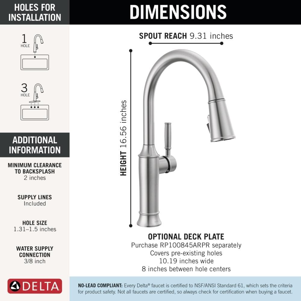 Delta Renaldi Kitchen Faucet with Pull Down Sprayer, Brushed Nickel Kitchen Sink Faucet, Delta ProClean Kitchen Faucet, Pull Down Kitchen Faucet, Lumicoat Arctic Stainless 9184-AR-PR-DST