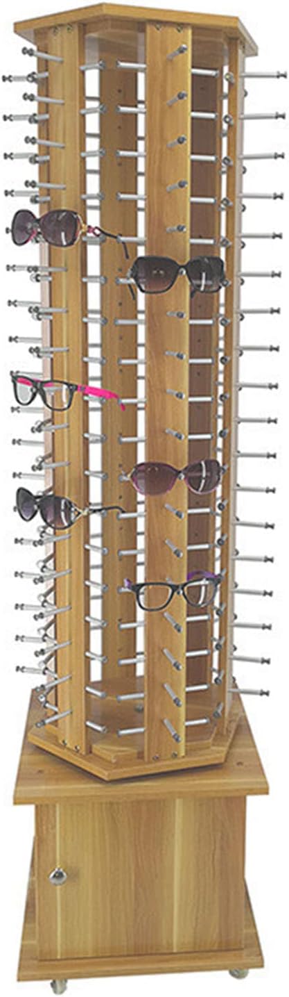 Mobile Floor Standing Rotating Storage Display Stand Organizer,Wooden Retail Sunglass Display Rack 72-108 Pairs Eyewear Holder,90 Pairs Wood Grain